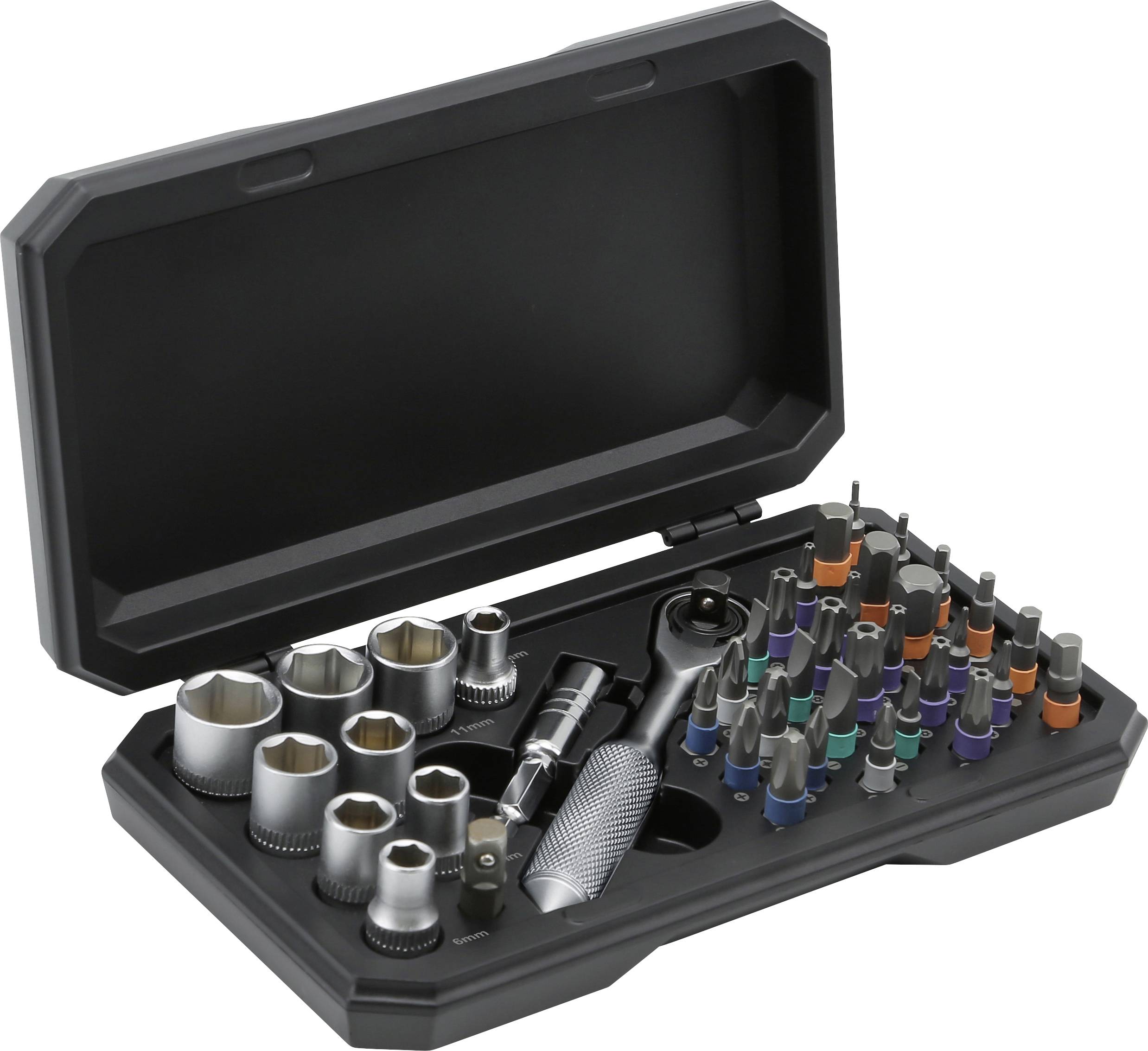 Ein schwarzer Werkzeugkoffer mit verschiedenen Metalleinsätzen, Bits in mehreren Farben und einem strukturierten Schraubendrehergriff, in Reihen angeordnet.