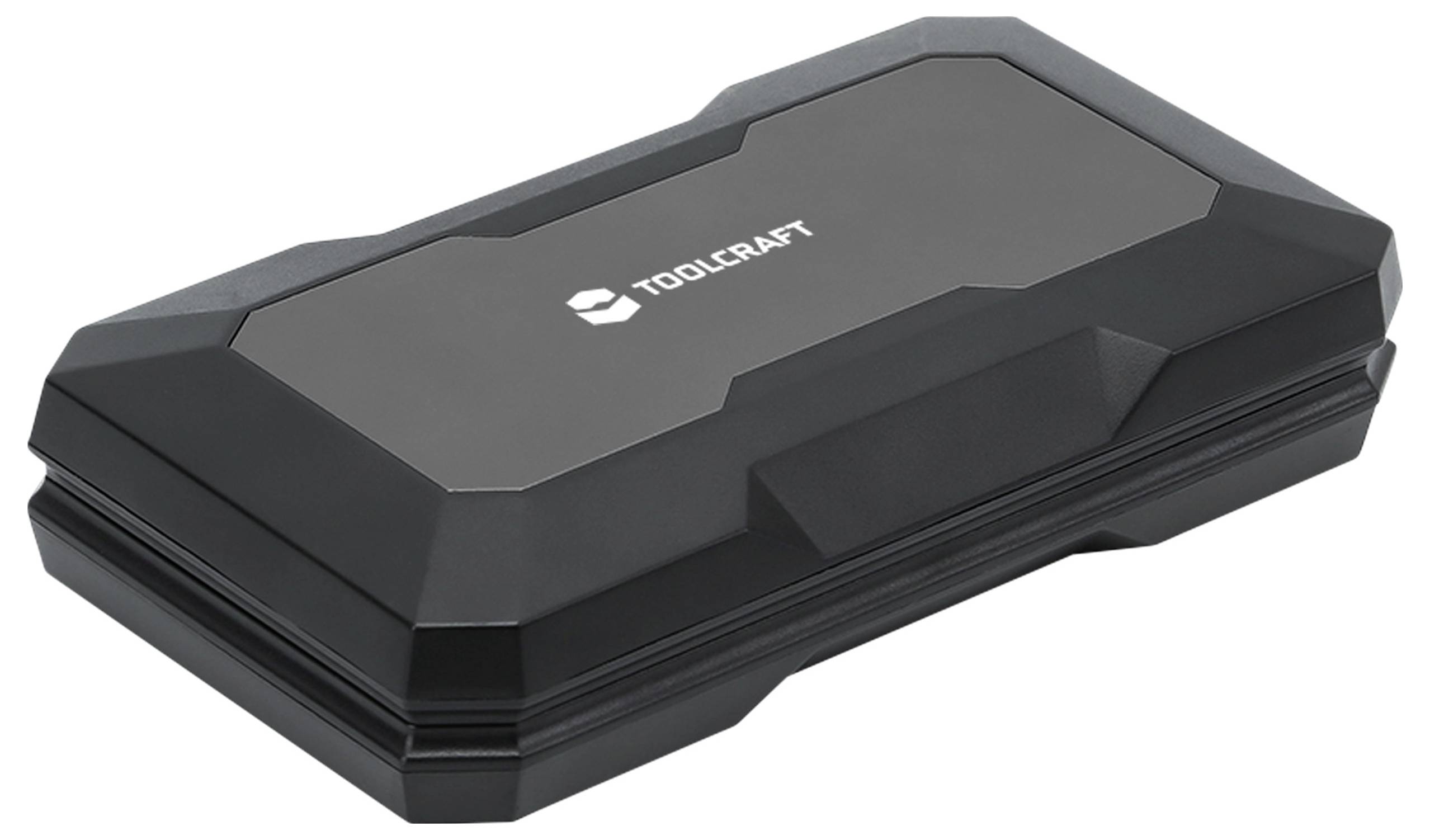 Ein schwarzes Toolcraft Elektronikgehäuse mit robuster, eckiger Gestaltung, verwendet zum Aufbewahren und Organisieren von kleinen Komponenten oder Werkzeugen.