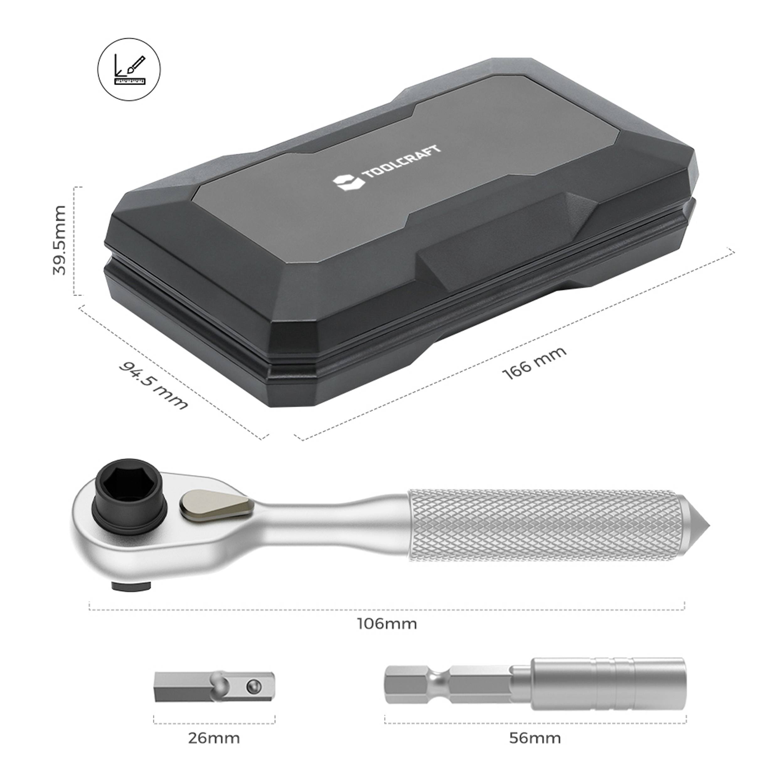 'TOOLCRAFT' Ratschenwerksatz mit Koffer. Koffer-Abmessungen: 166mm x 94,5mm x 39,5mm. Ratsche: 106mm lang. Bitgrößen: 26mm, 56mm.