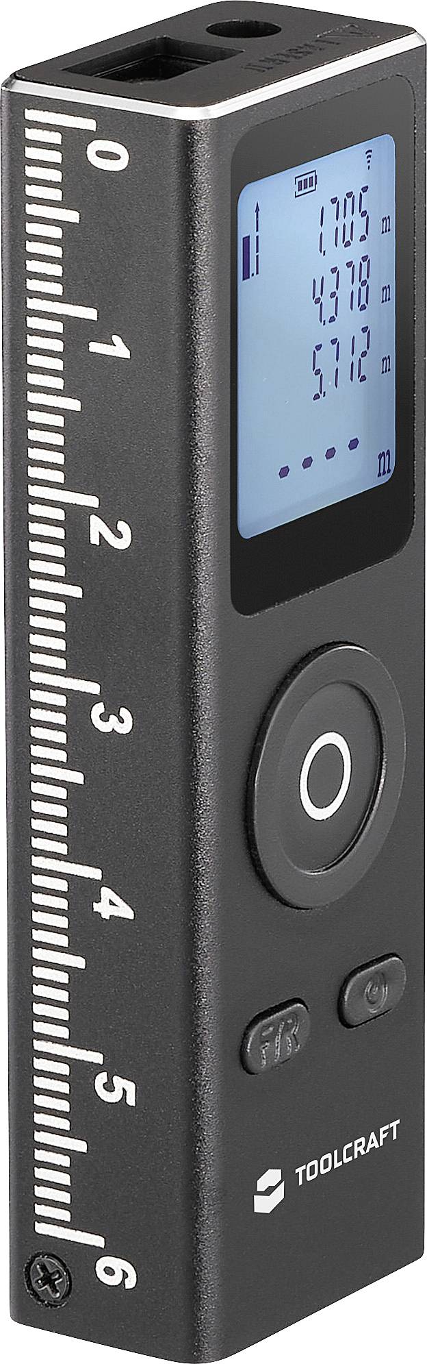 Ein Laser-Entfernungsmesser mit digitalem Display zur Anzeige von Messwerten. Linealmarkierungen an der Seite, Tasten unterhalb des Displays. Kompaktes Design.