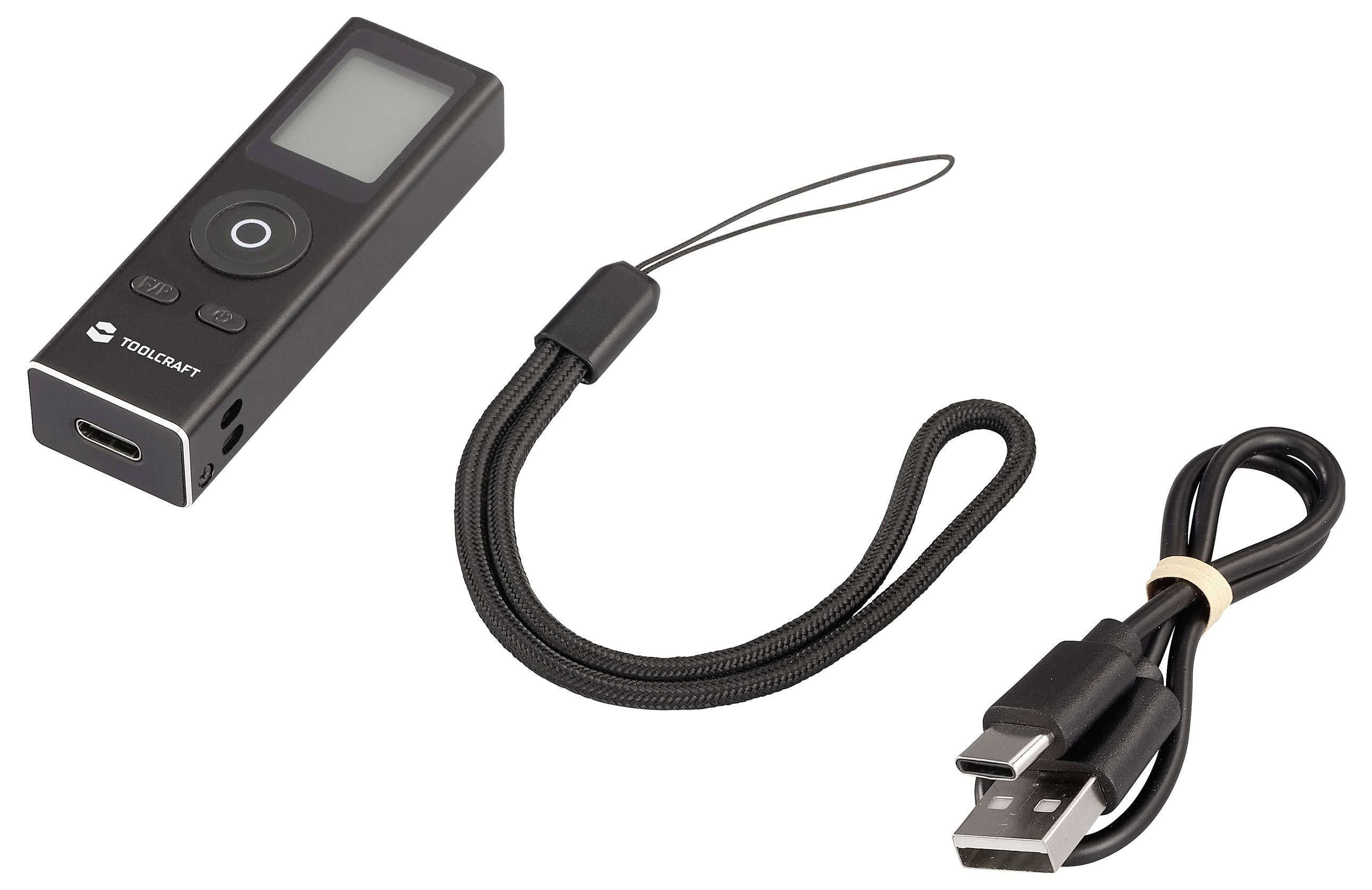 Ein tragbarer digitaler Audiorekorder, USB-Kabel und Handgelenkband werden gezeigt.