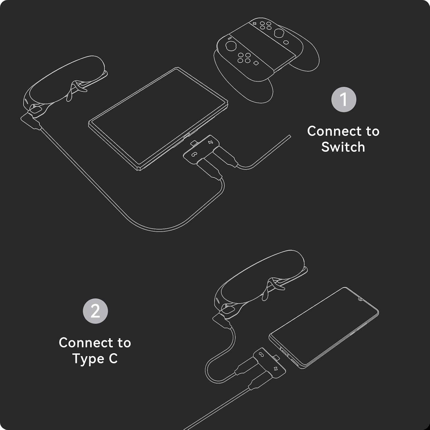Diagramm mit zwei Verbindungsoptionen: 1) Verbinden mit Switch über ein spezielles Kabel; 2) Verbinden mit Type C über ein USB-C-Kabel.
