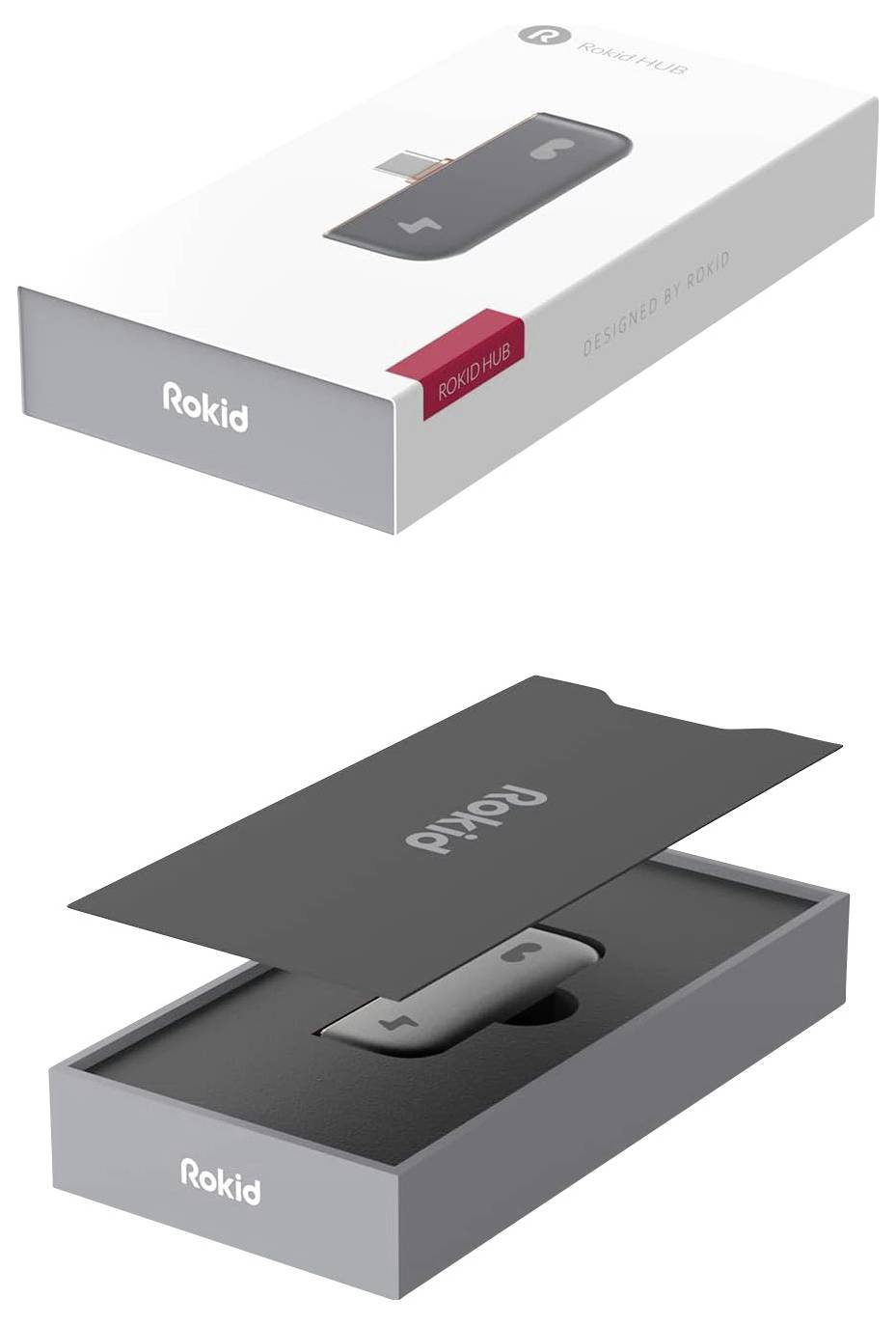 Rokid Hub C Karton zeigt ein schlankes, graues Smart-Gerät im Inneren. Deckel des Kartons trägt das Logo und den Schriftzug 