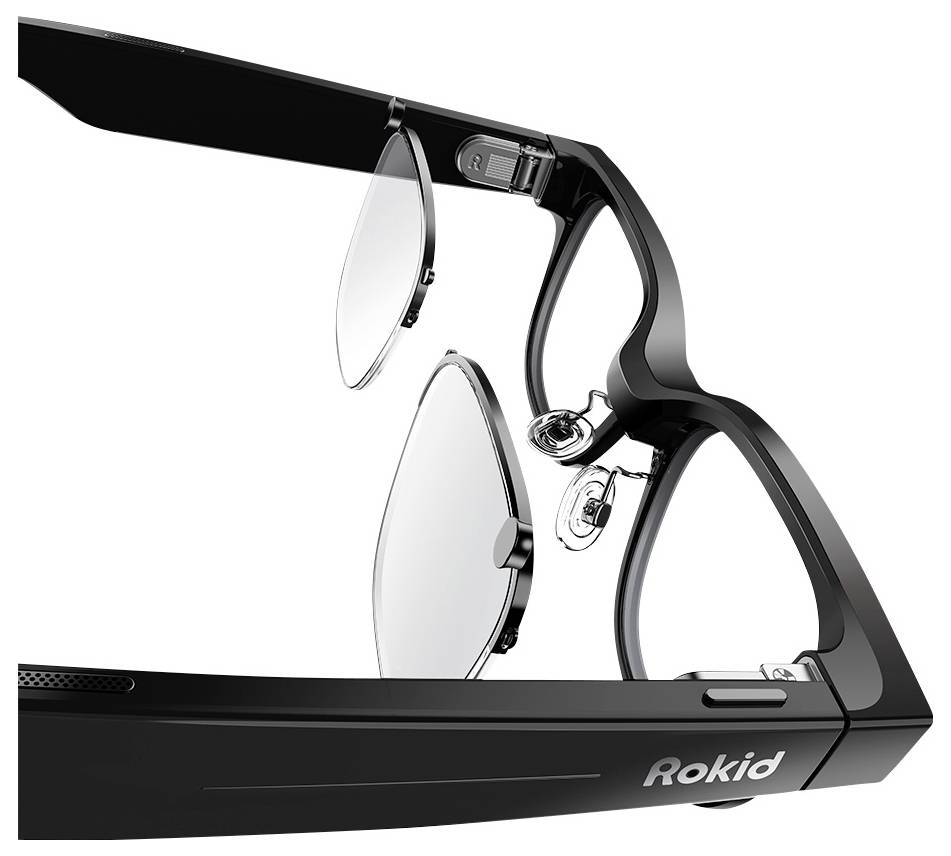 Ein Paar schwarze Smart-Brille mit transparenten Linsen und integrierter Technologie, entwickelt von Rokid.