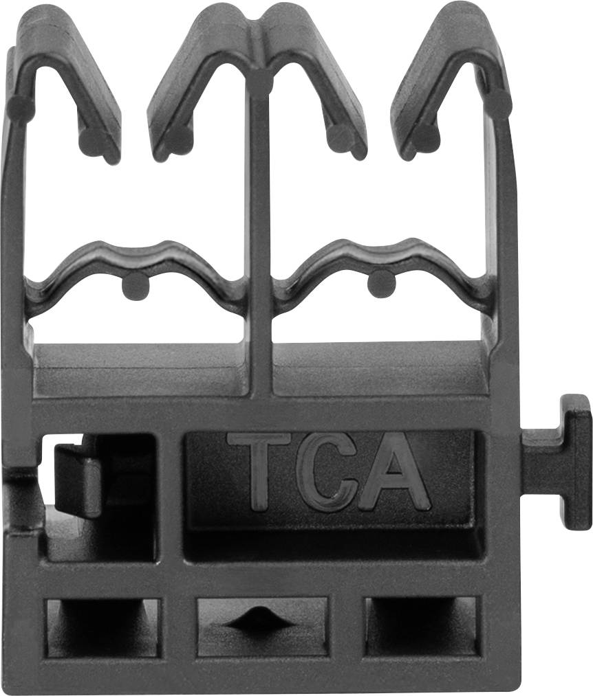 Ein schwarzer Kunststoffclip mit der Aufschrift 'TCA' und zwei offenen Zinken oben, entwickelt zum sicheren Halten von Kabeln.