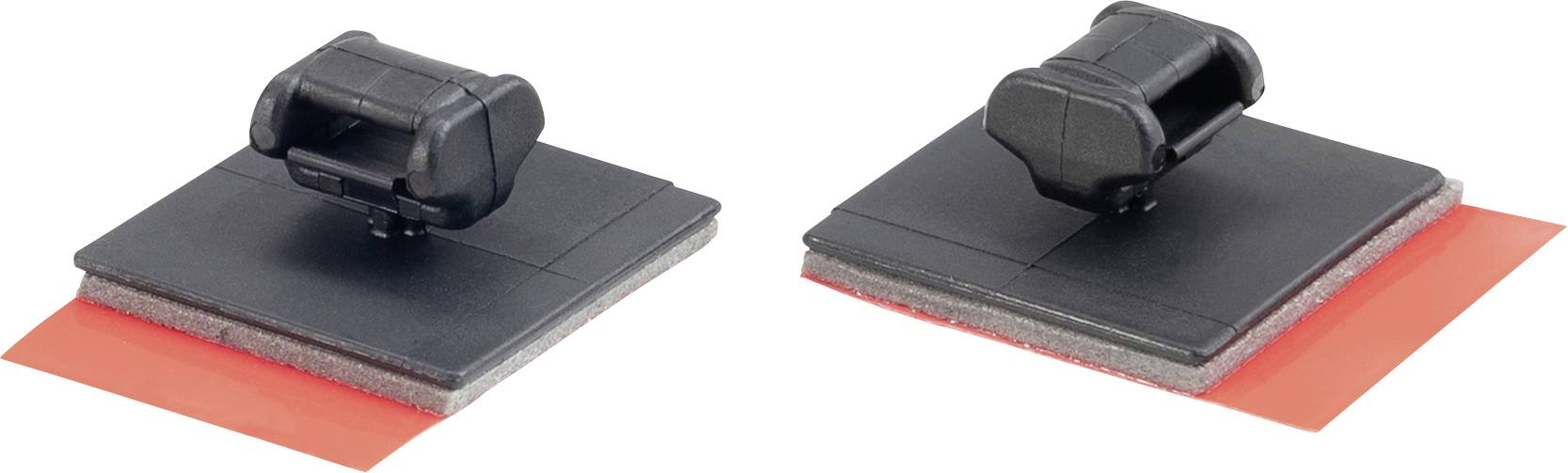 Zwei schwarze Handschwämme mit roten und grauen Pads, nebeneinander platziert. Die Schwämme scheinen für die Reinigung von Oberflächen konzipiert zu sein.