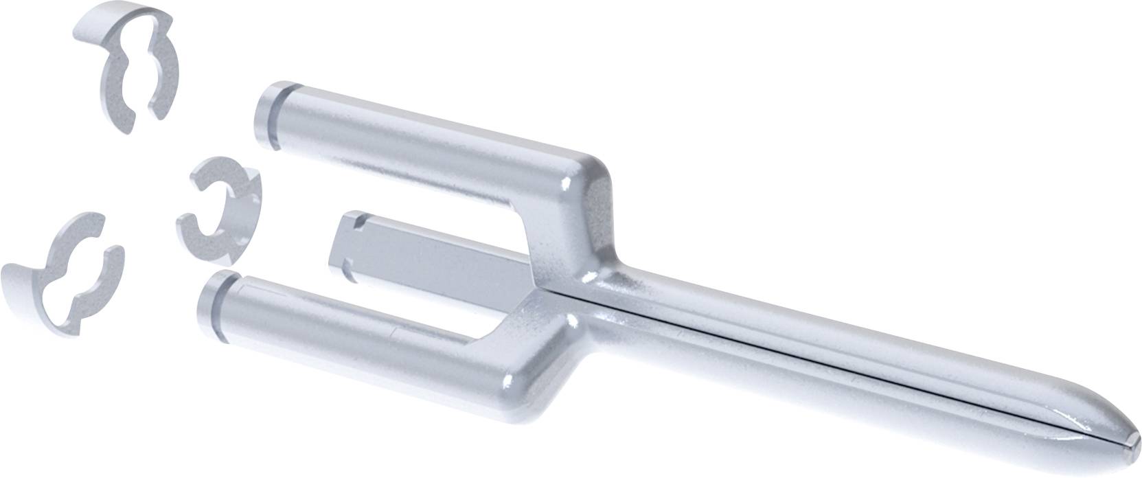 „Stilisiertes, silberfarbenes gabelähnliches Objekt mit drei Zinken, umgeben von gekrümmten Fragmenten, vor einem neutralen Hintergrund.