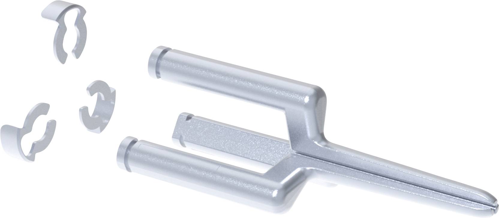 Eine silberne Stimmgabel mit drei separaten kreisförmigen Metallclips auf hellem Hintergrund, was auf Teile hindeutet, die möglicherweise mit der Montage verbunden sind.
