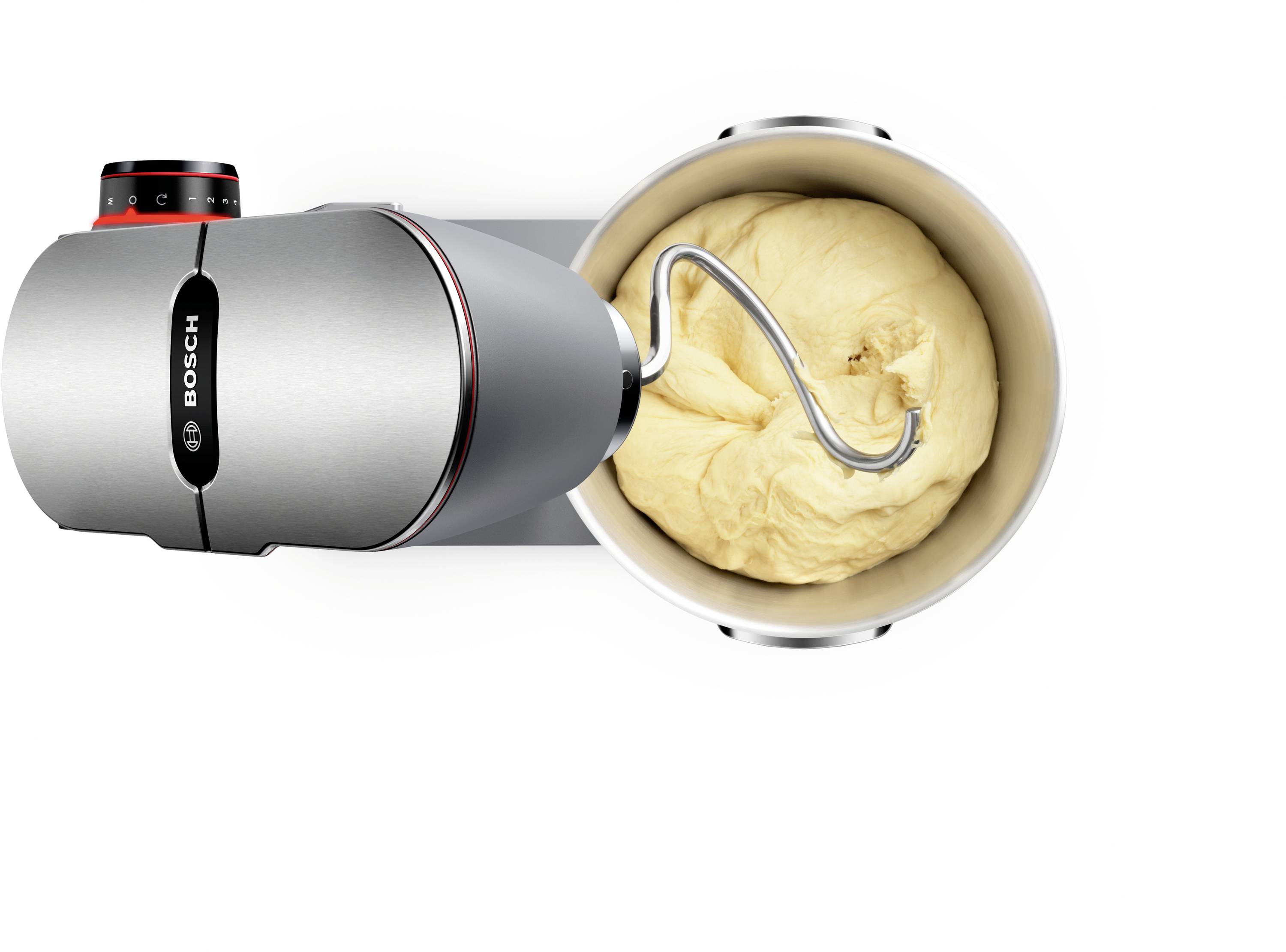 Eine Draufsicht eines Bosch-Standmixers mit einem Knethaken, der einen großen Teigball in einer Edelstahlschüssel knetet.