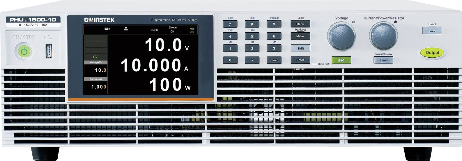 Eine Frontansicht eines Netzteils mit den Anzeigen '10,0V', '10,000A' und '100W'. Das Bedienfeld umfasst Tasten, Drehregler und eine Betriebsanzeige.