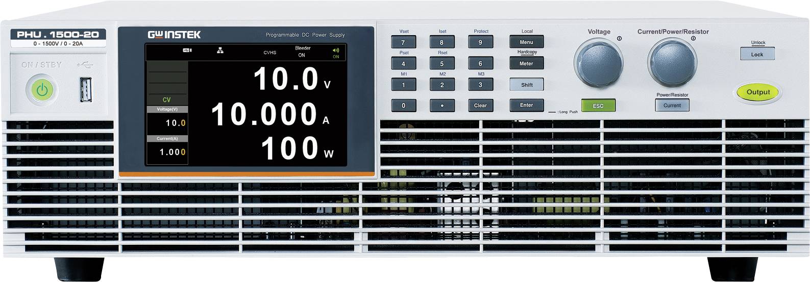 Programmierbares Gleichstrom-Netzteil mit digitaler Anzeige zur Darstellung von Spannung, Stromstärke und Leistungseinstellungen. Bedienungstasten und Anzeigen sind sichtbar.