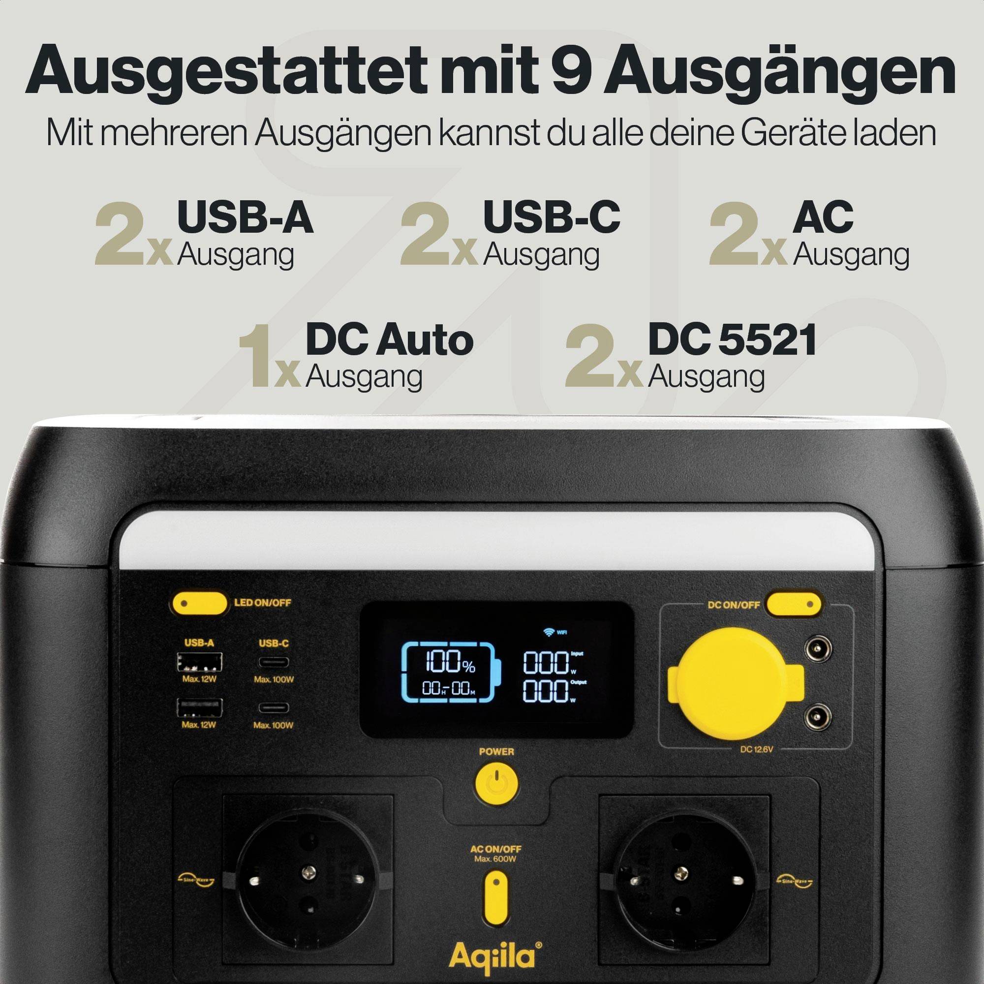 Aqiila S600V2 Powerstation 20Ah LiFePO 4 Schwarz, Gelb LED Taschenlampe