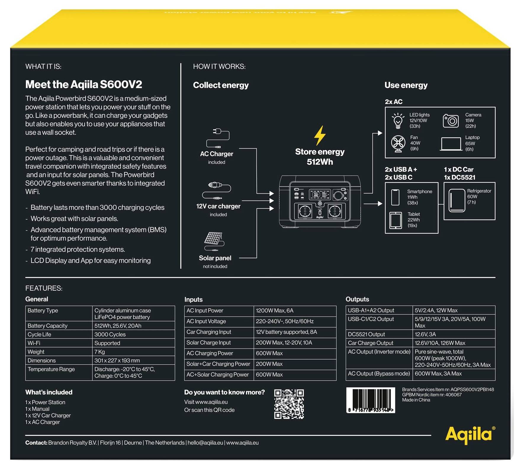 Aqiila S600V2 Powerstation 20Ah LiFePO 4 Schwarz, Gelb LED Taschenlampe