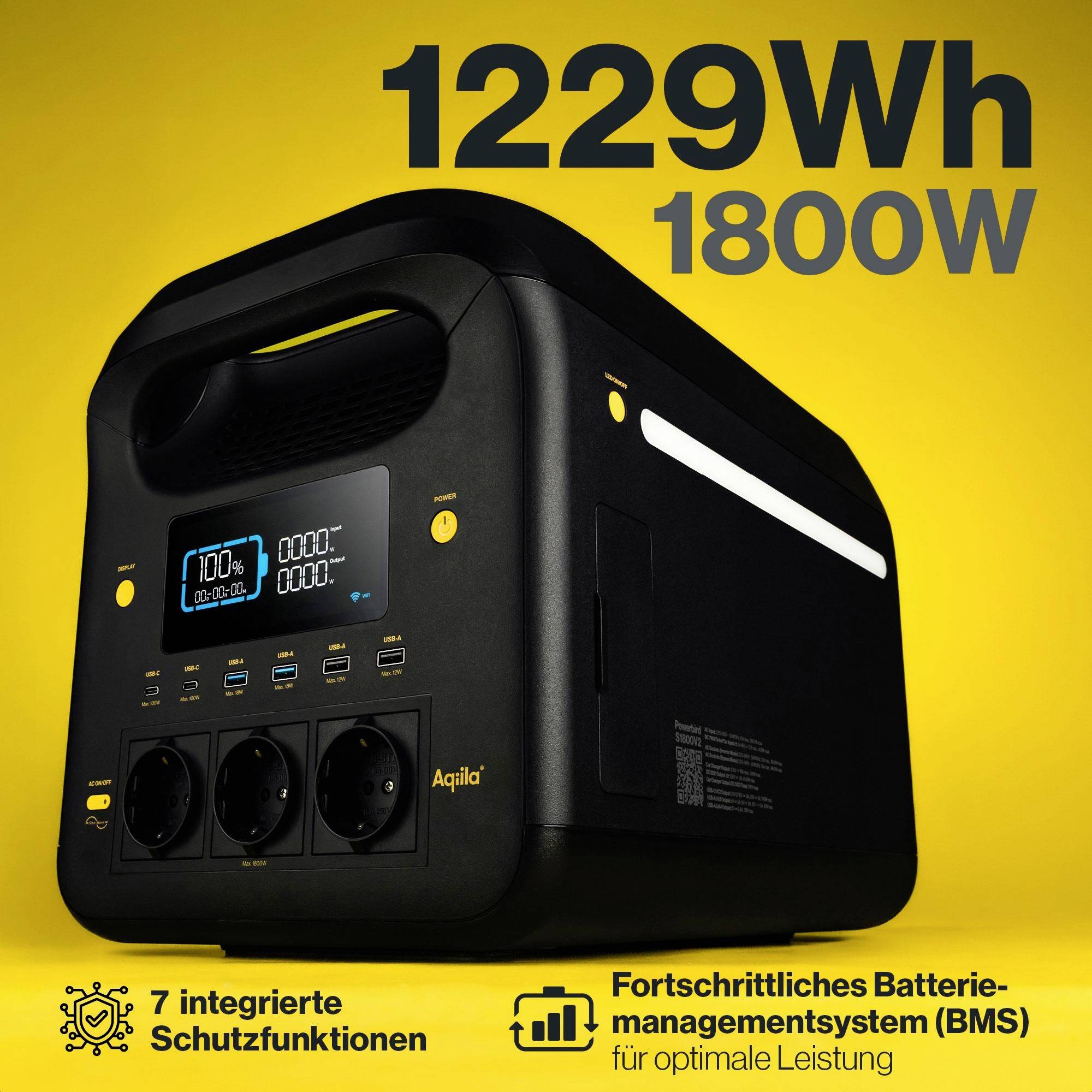 Aqiila S1800V2 Powerstation 24Ah LiFePO 4 Schwarz, Gelb Statusanzeige, LED Taschenlampe