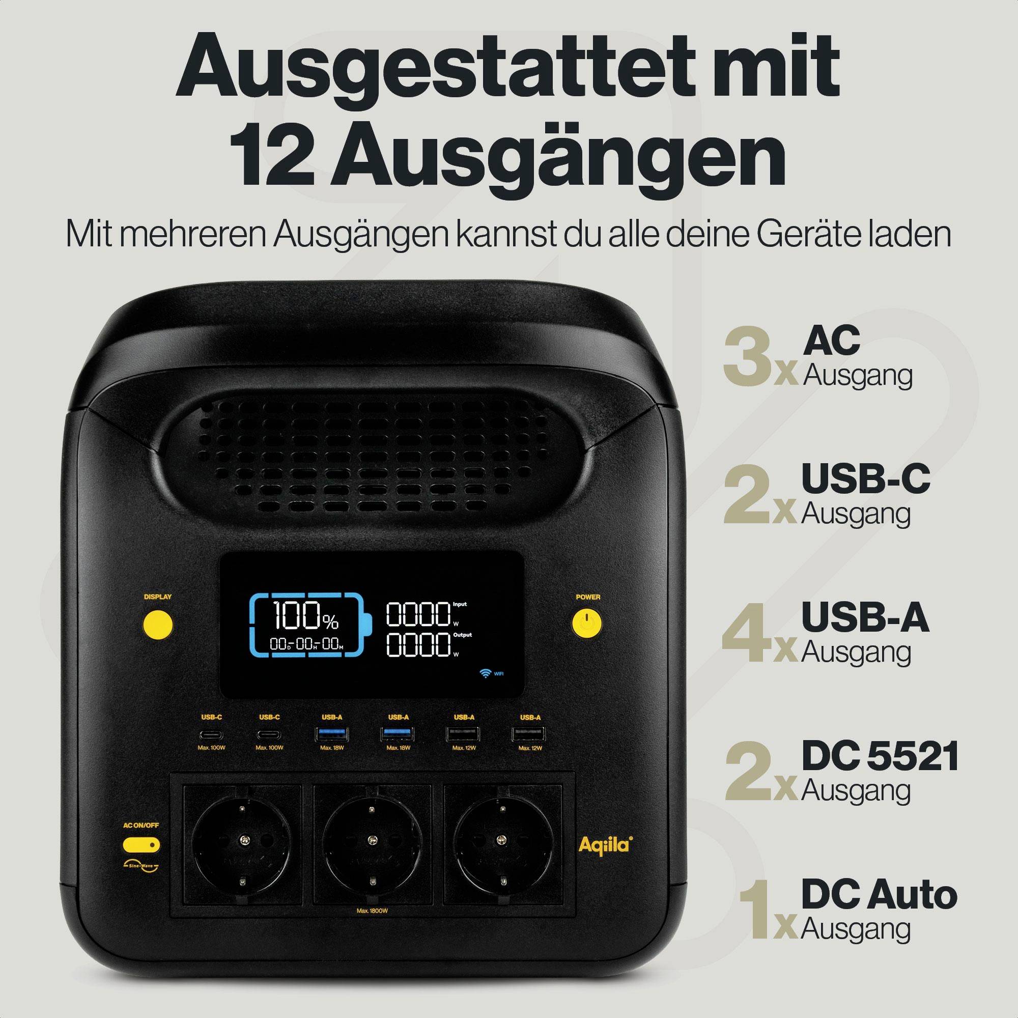 Aqiila S1800V2 Powerstation 24Ah LiFePO 4 Schwarz, Gelb Statusanzeige, LED Taschenlampe