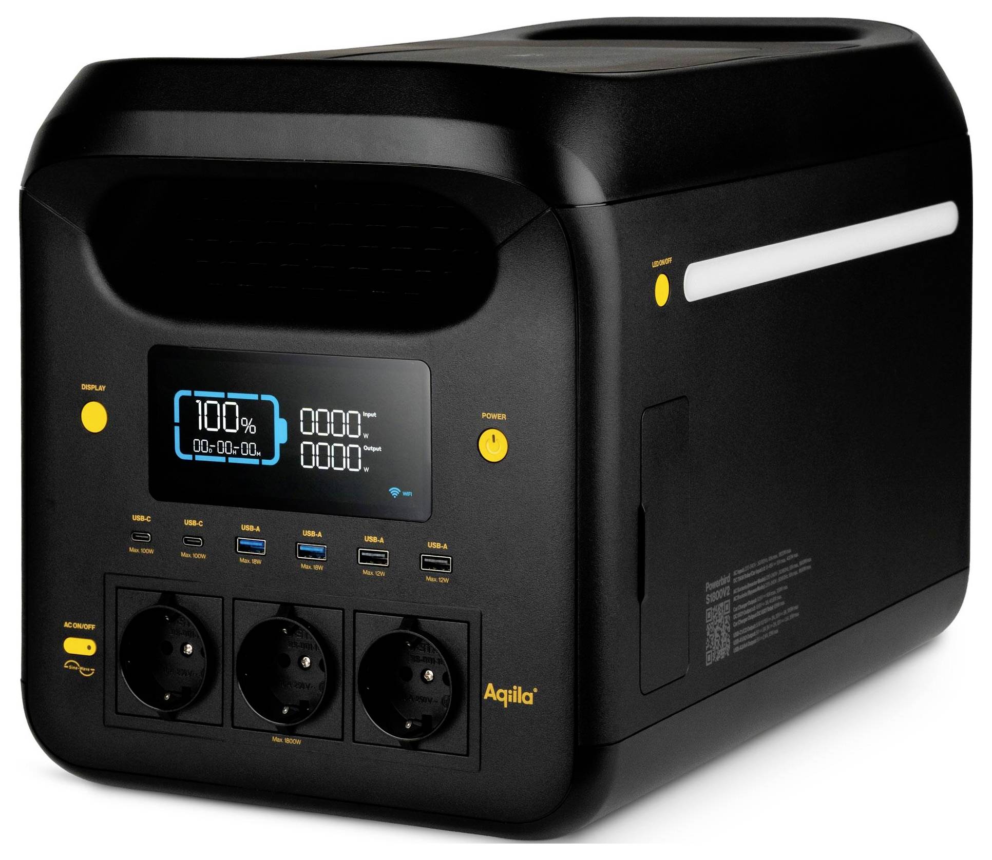 Aqiila S1800V2 Powerstation 24Ah LiFePO 4 Schwarz, Gelb Statusanzeige, LED Taschenlampe