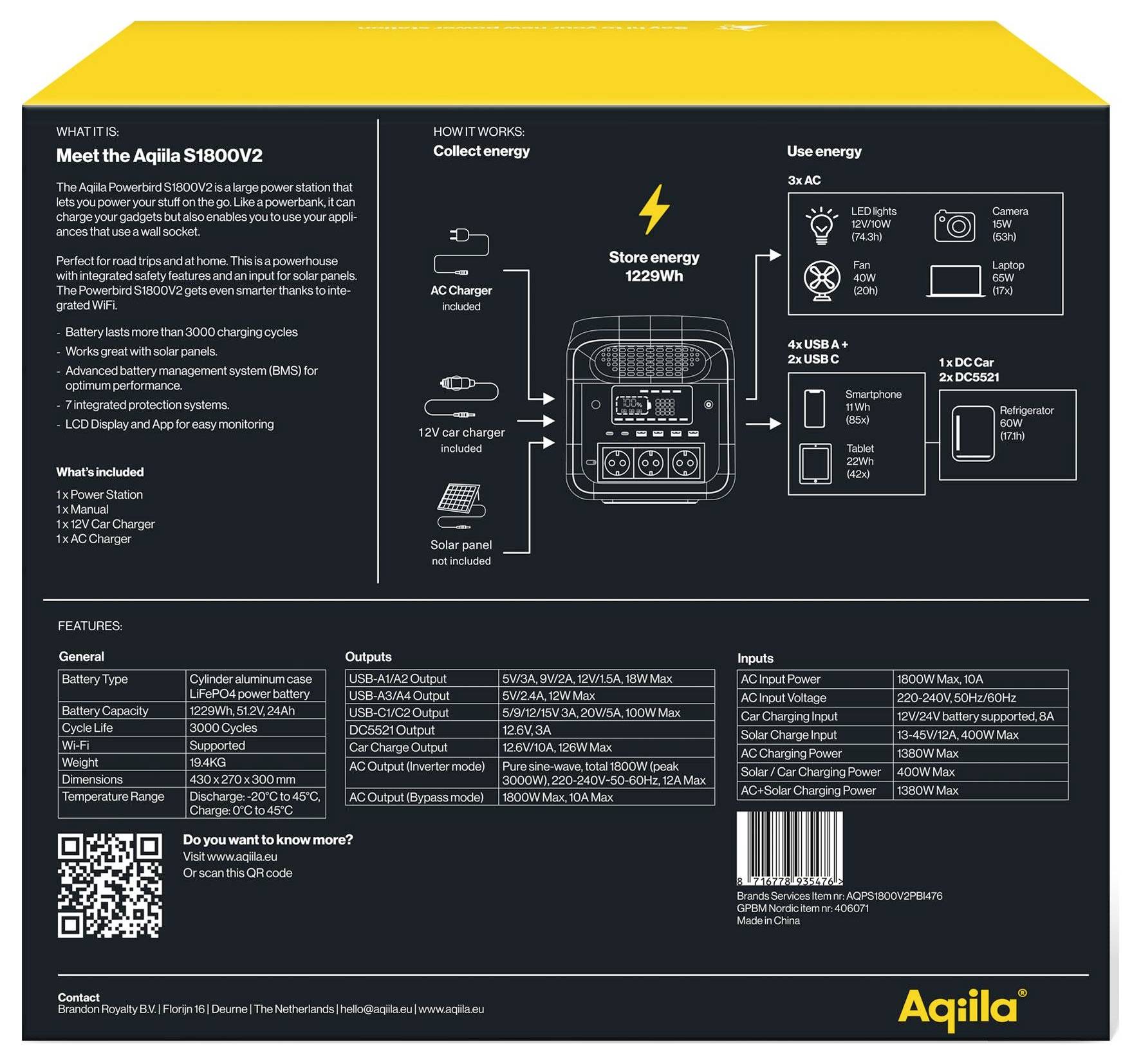 Aqiila S1800V2 Powerstation 24Ah LiFePO 4 Schwarz, Gelb Statusanzeige, LED Taschenlampe