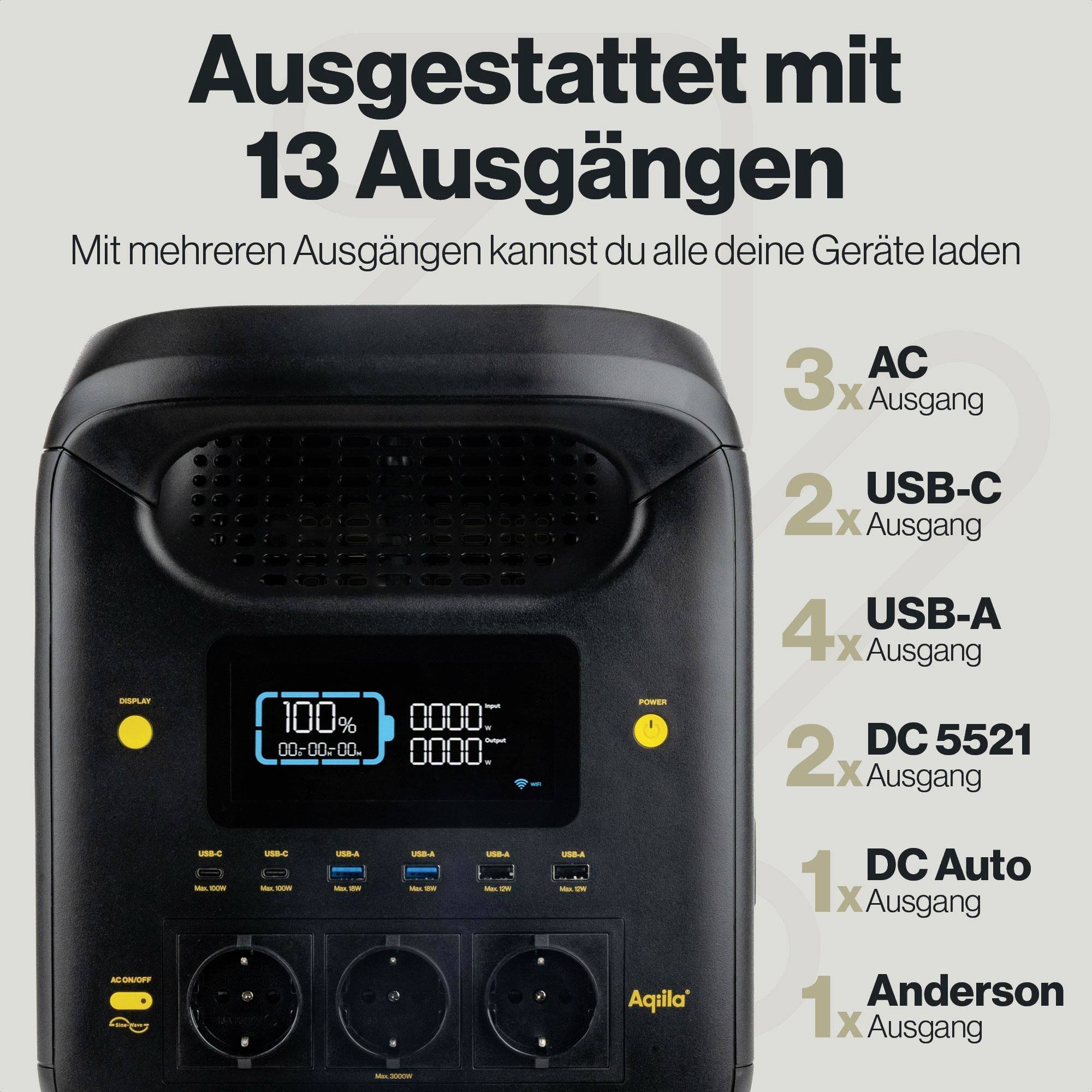 Aqiila S3000V2 Powerstation 50Ah LiFePO 4 Schwarz, Gelb LED Taschenlampe