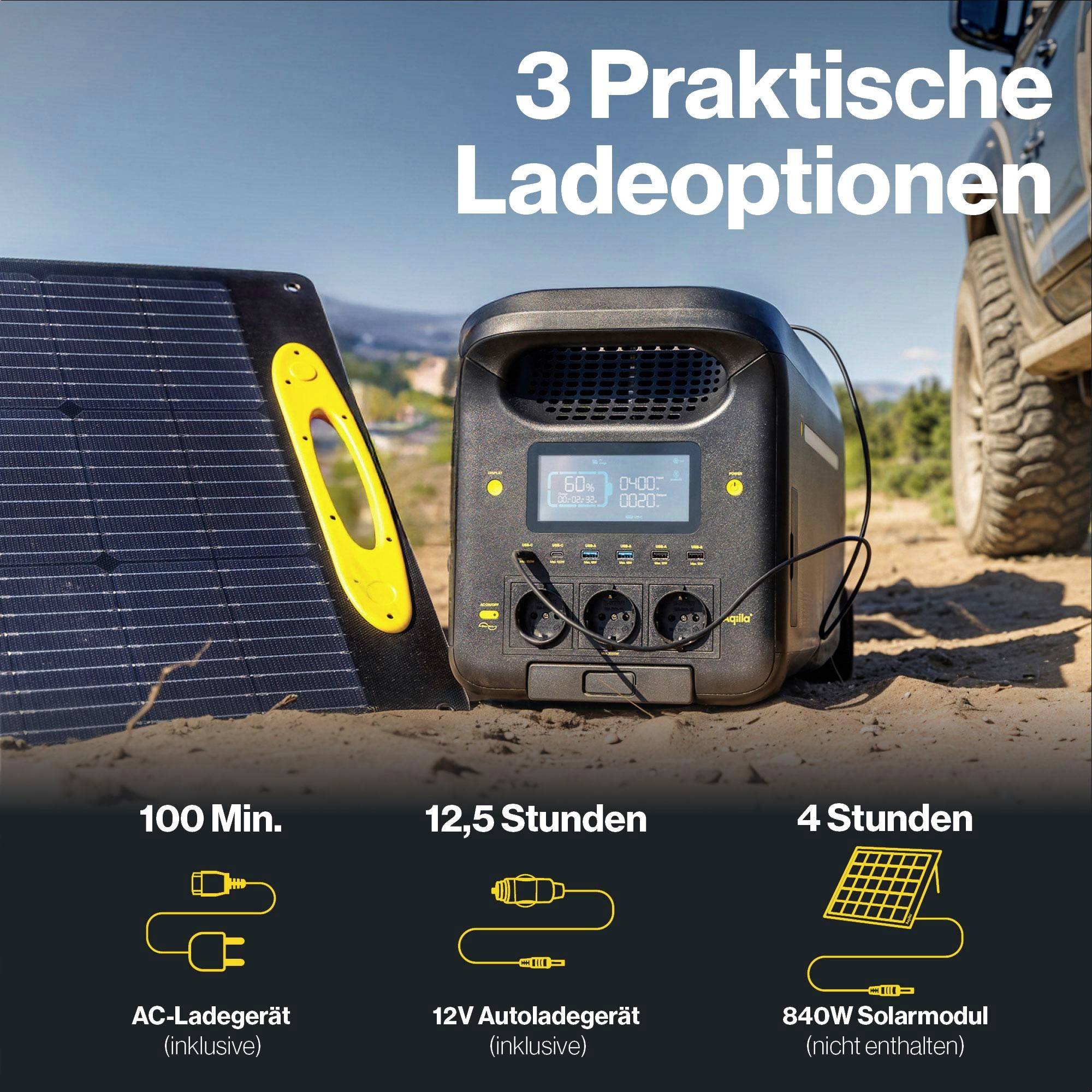 Aqiila S3000V2 Powerstation 50Ah LiFePO 4 Schwarz, Gelb LED Taschenlampe