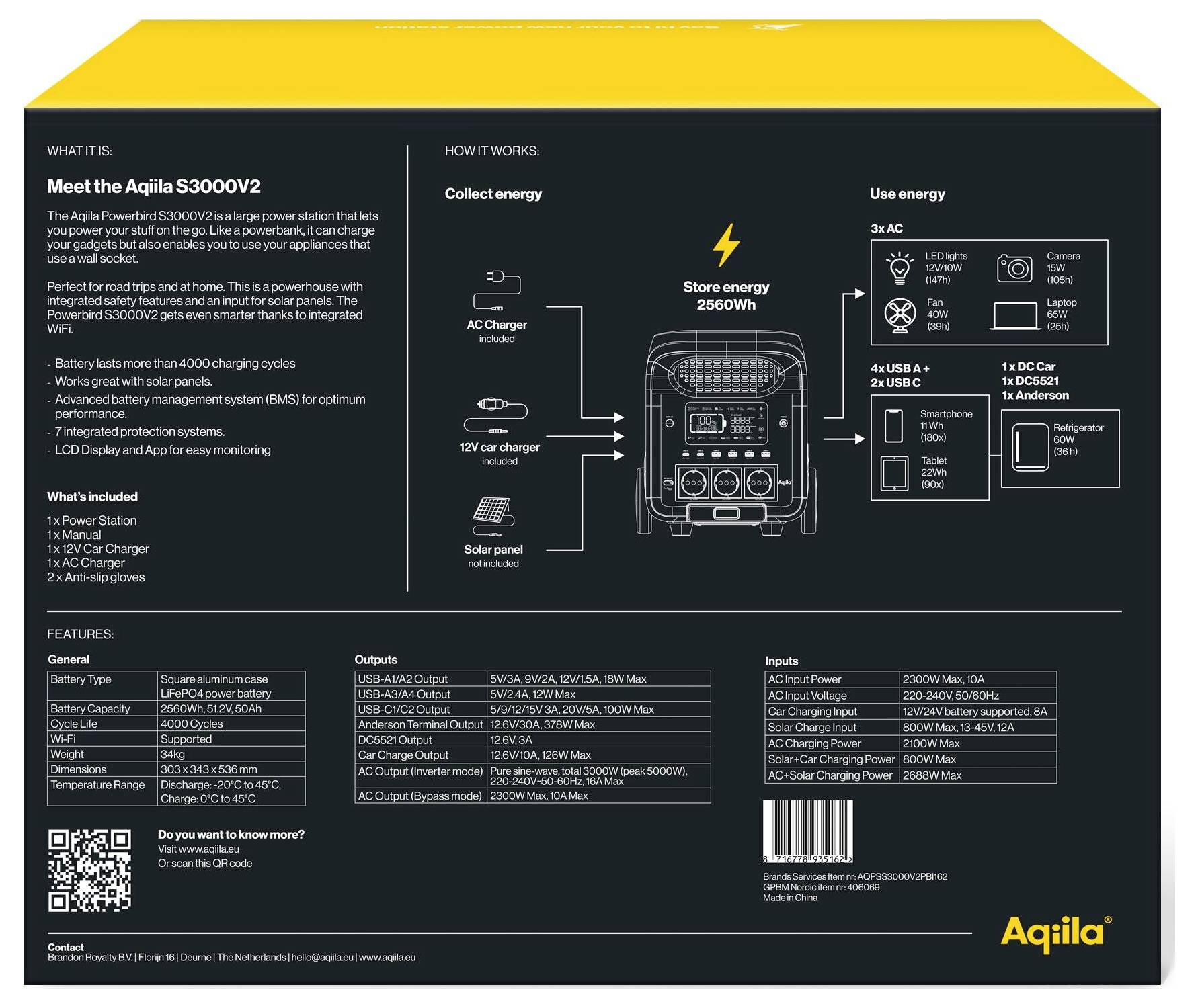 Aqiila S3000V2 Powerstation 50Ah LiFePO 4 Schwarz, Gelb LED Taschenlampe