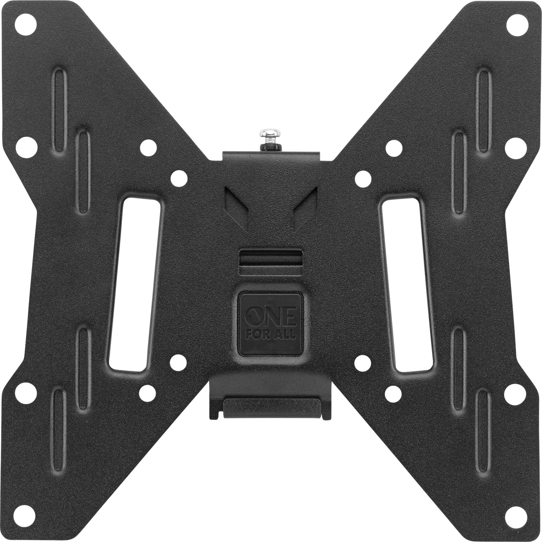 „Eine schwarze VESA-Halterung für Flachbildschirme, gekennzeichnet durch ein kreuzförmiges Design mit mehreren Befestigungslöchern und einem zentralen Befestigungsmechanismus.
