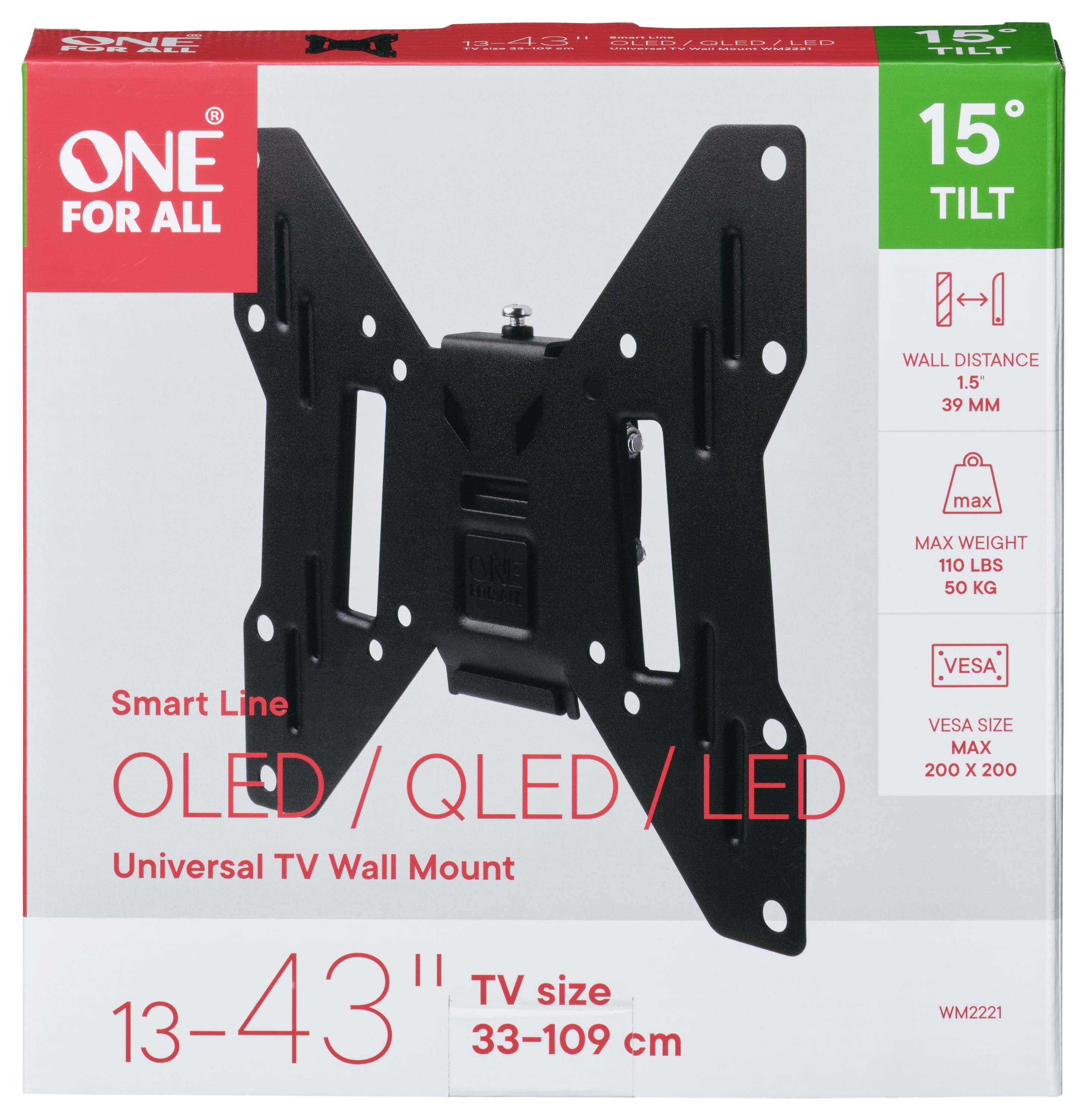 Neigbarer TV-Wandhalter für OLED/QLED/LED-Bildschirme, Größe 13-43 Zoll. Maximale Gewichtsunterstützung: 50 kg. VESA-Maß: 200 x 200.