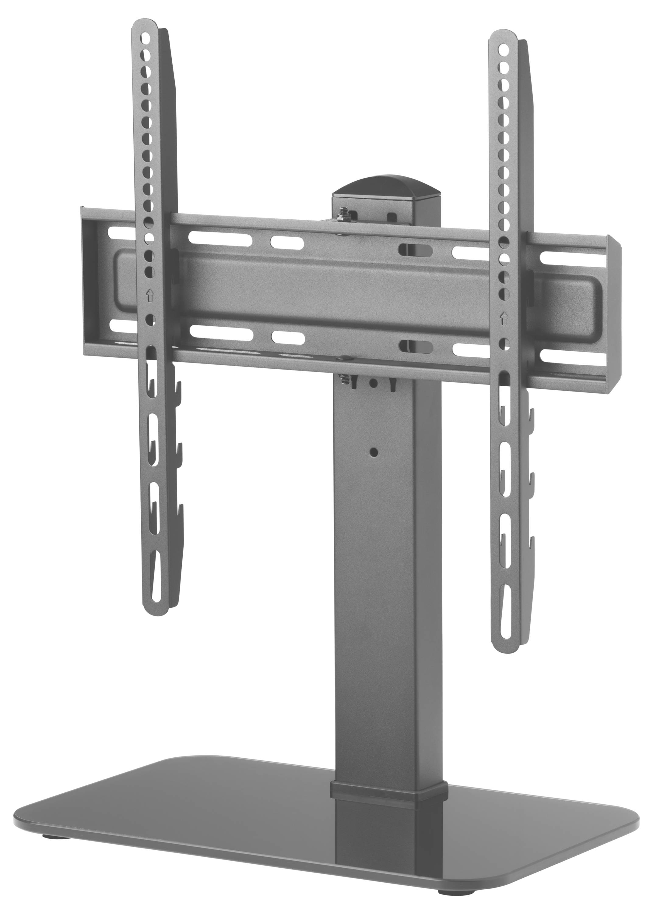 Ein Metall-TV-Ständer mit verstellbarer vertikaler Halterung, speziell für Flachbildschirm-Fernseher entwickelt, mit einer eleganten Basis für maximale Stabilität.