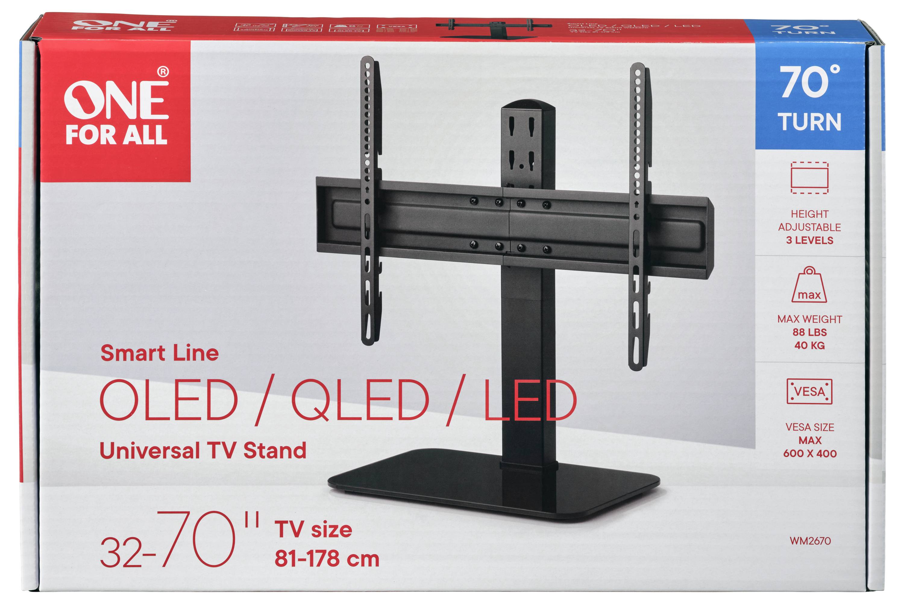 Die Verpackung zeigt einen 'One For All' TV-Ständer für 32-70 Zoll OLED/QLED/LED Fernseher, höhenverstellbar in 3 Stufen, VESA max 600 x 400.