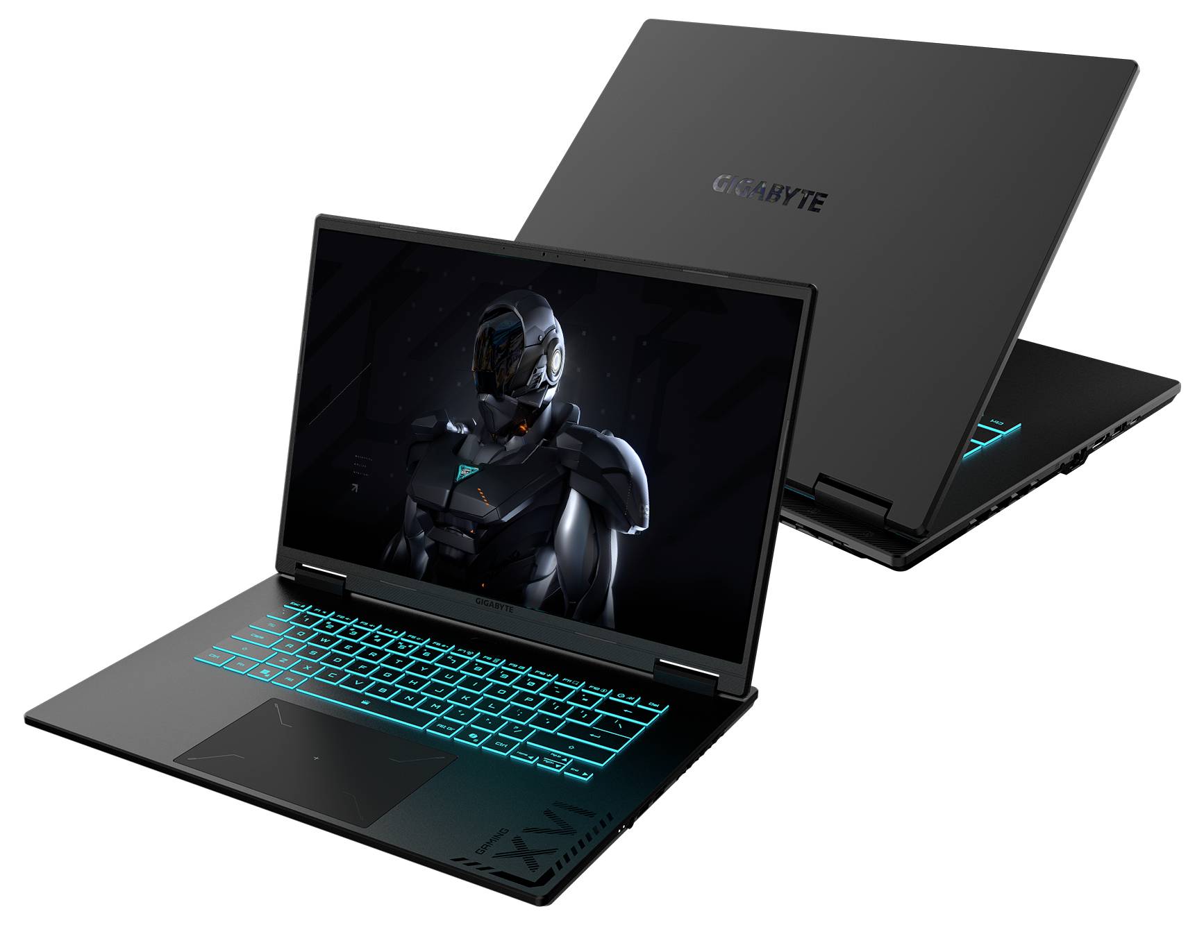 Zwei Laptops sind geöffnet, mit leuchtenden Tastaturen. Auf den Bildschirmen ist eine futuristische, in Rüstung gekleidete Figur zu sehen, was auf einen Gaming- oder High-Performance-Kontext hindeutet.