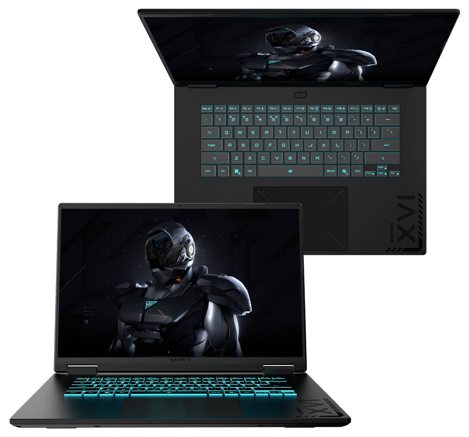 Zwei schwarze Laptops werden gezeigt; auf einem Bildschirm ist eine futuristische, gepanzerte Figur zu sehen. Beide Tastaturen sind mit türkisfarbener Hintergrundbeleuchtung ausgestattet.