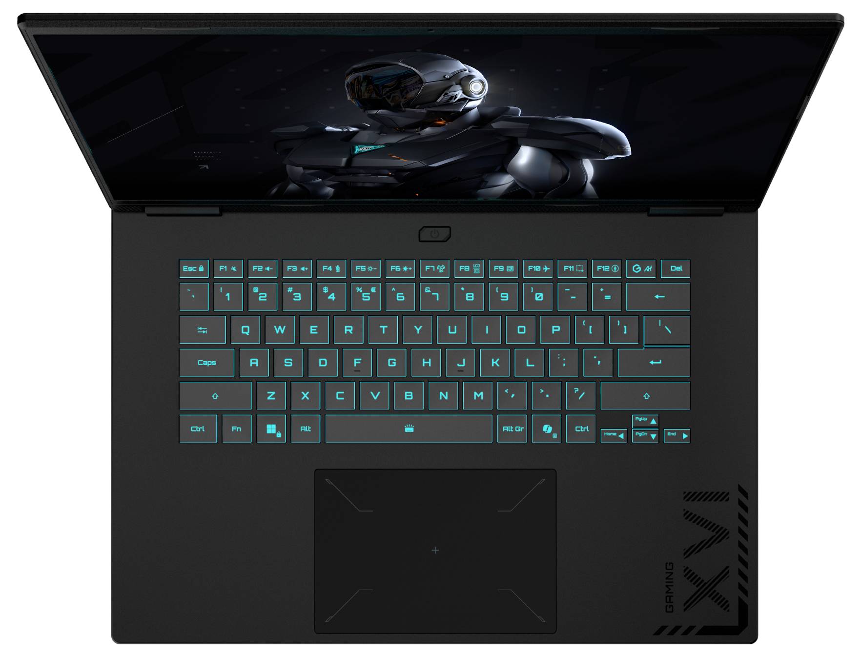 Draufsicht eines grauen Laptops mit beleuchtet-türkisfarbenen Tasten, auf dessen Bildschirm ein futuristischer Roboter zu sehen ist.