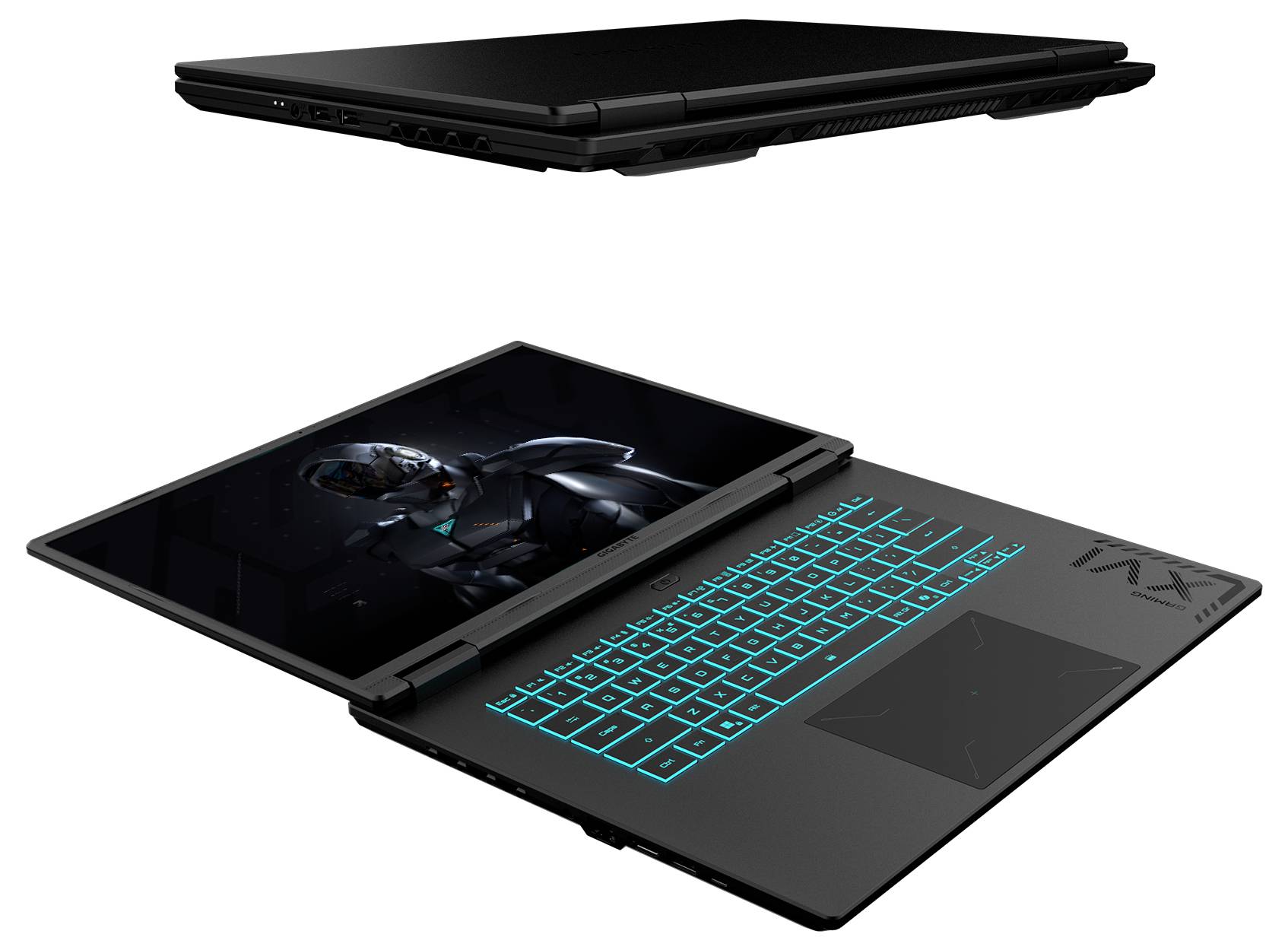 Ein schwarzer Gaming-Laptop mit einer leuchtend türkisfarbenen Tastatur, auf dessen Bildschirm eine Roboterfigur zu sehen ist.