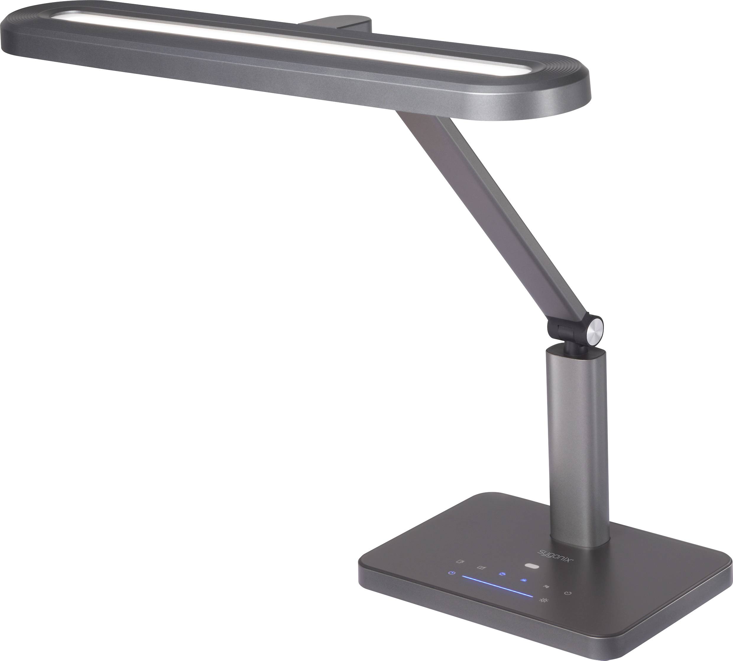 Eine elegante, moderne Schreibtischlampe mit verstellbarem Arm und LED-Licht, ausgestattet mit Touchsteuerung am Fuß für Helligkeitseinstellungen.