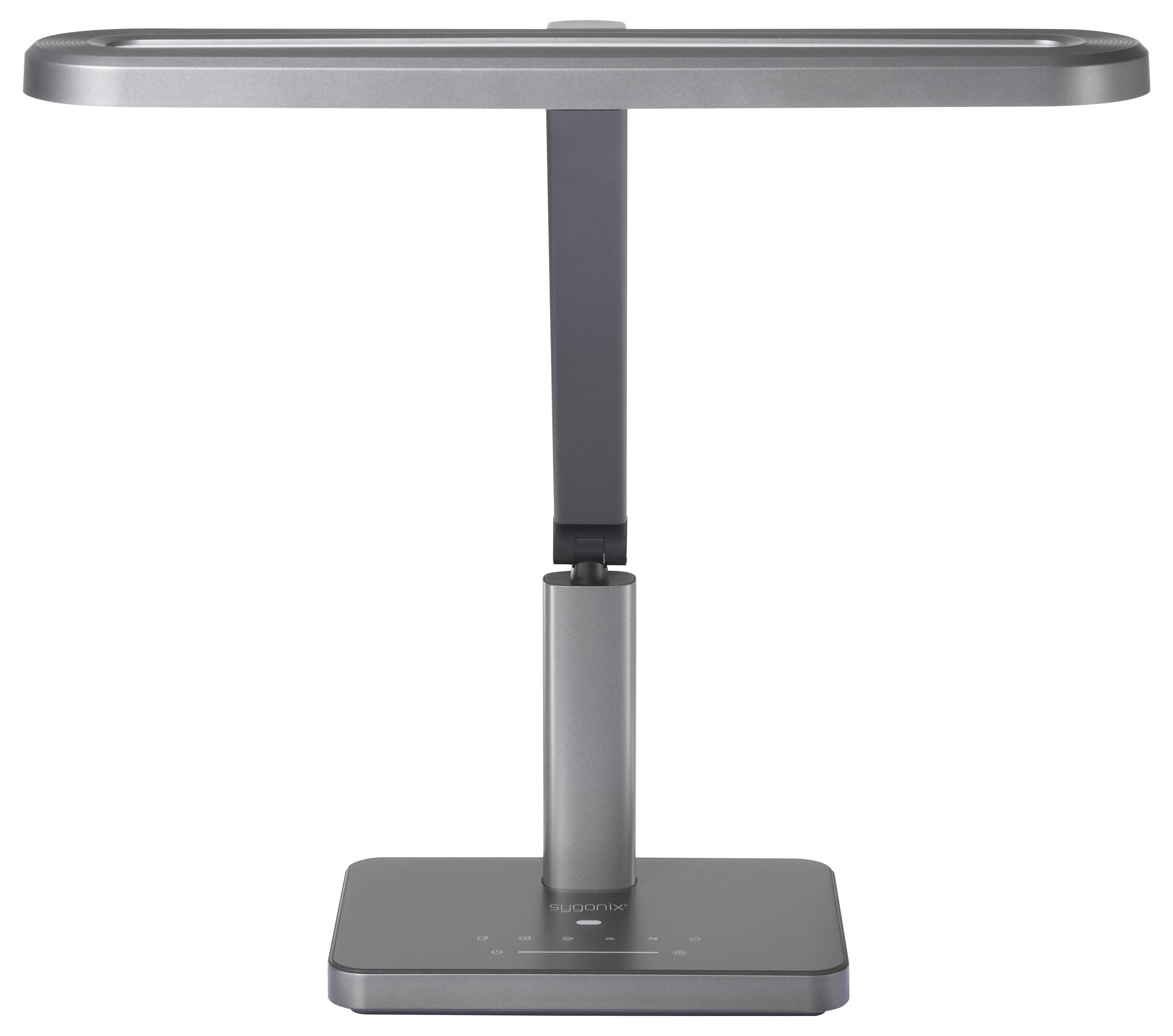Eine moderne, graue Schreibtischlampe mit einem flachen, rechteckigen Kopf und berührungsempfindlicher Basis, entwickelt für einstellbares Licht in Arbeitsbereichen.