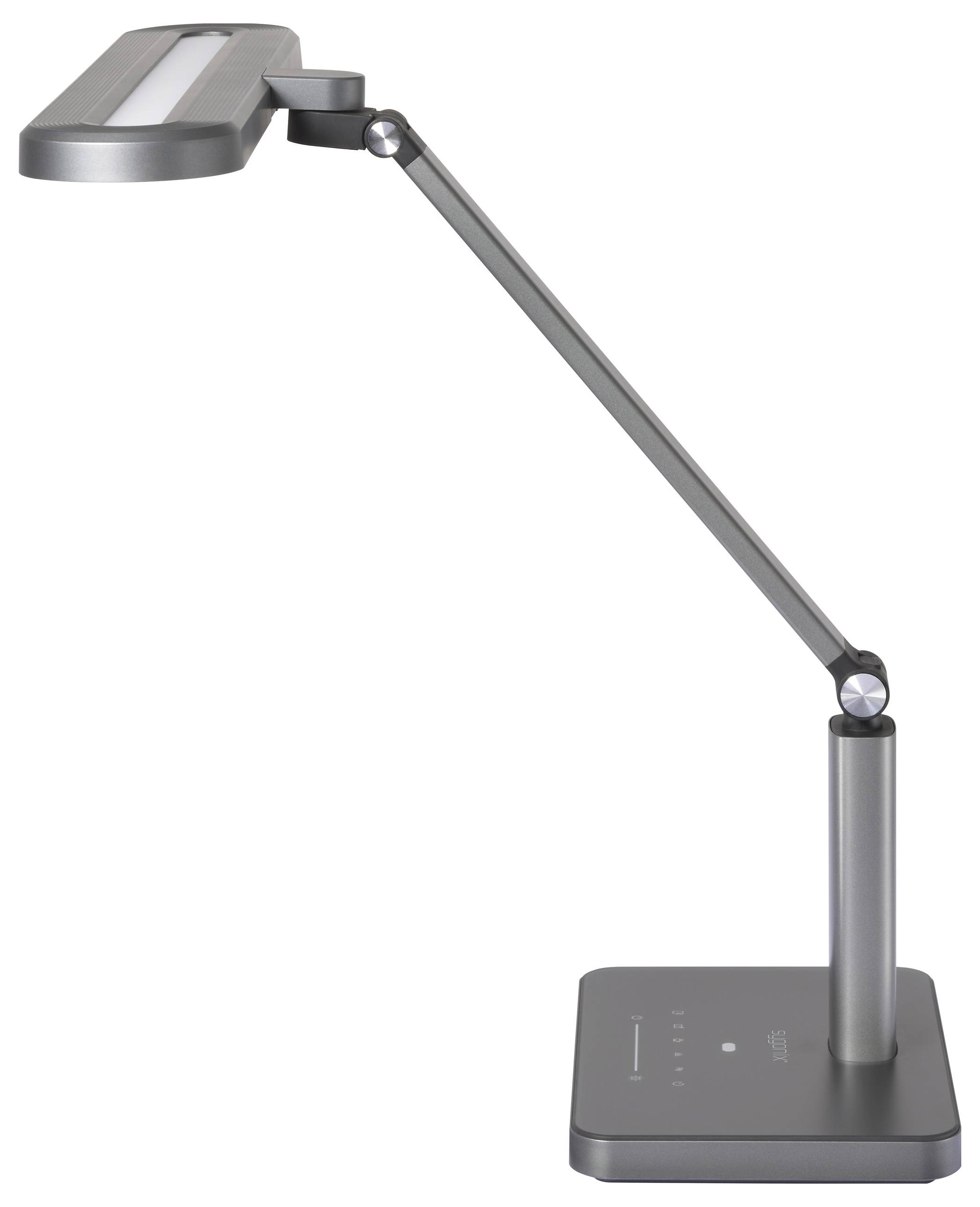 Eine elegante, moderne Schreibtischlampe mit verstellbarem Arm und rechteckigem Leuchtenkopf, montiert auf einer stabilen, flachen Basis.