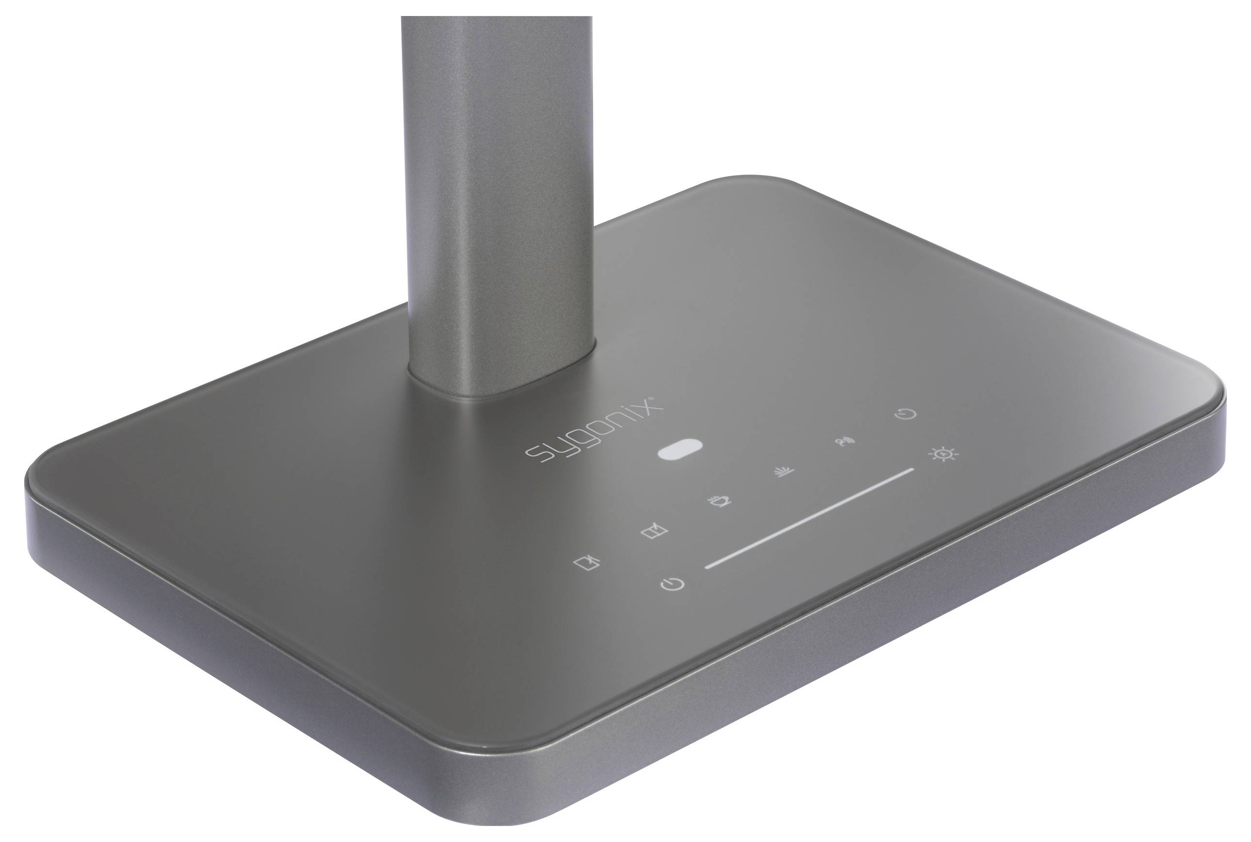 Eine elegante, graue Lampenhalterung mit berührungsempfindlichen Steuerelementen und Symbolen zur Einstellung der Helligkeit und Lichteinstellungen.