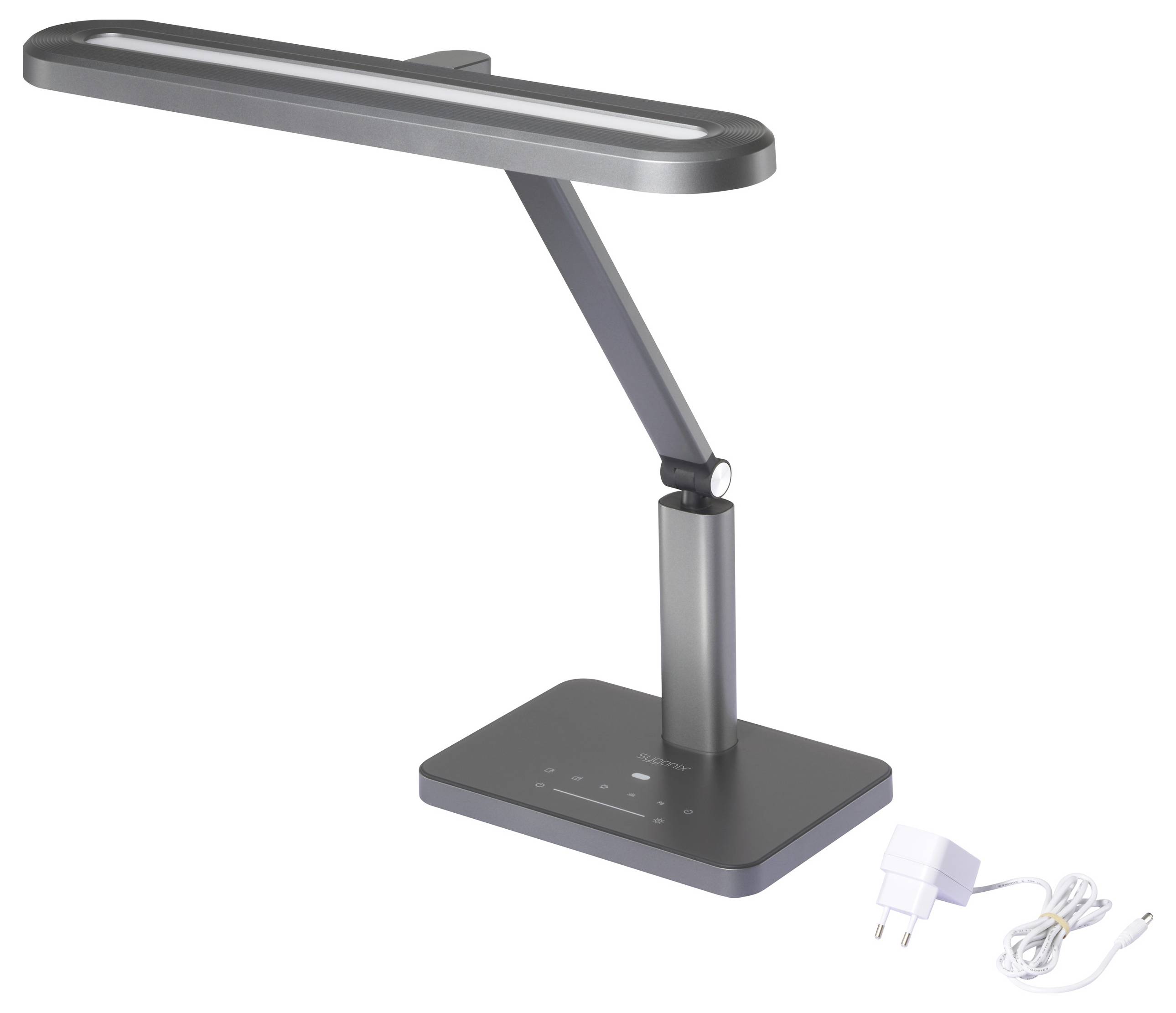 Eine moderne, höhenverstellbare graue Schreibtischlampe mit Touchsteuerung am Sockel, zusammen mit einem Netzteil, vor einem schlichten Hintergrund.