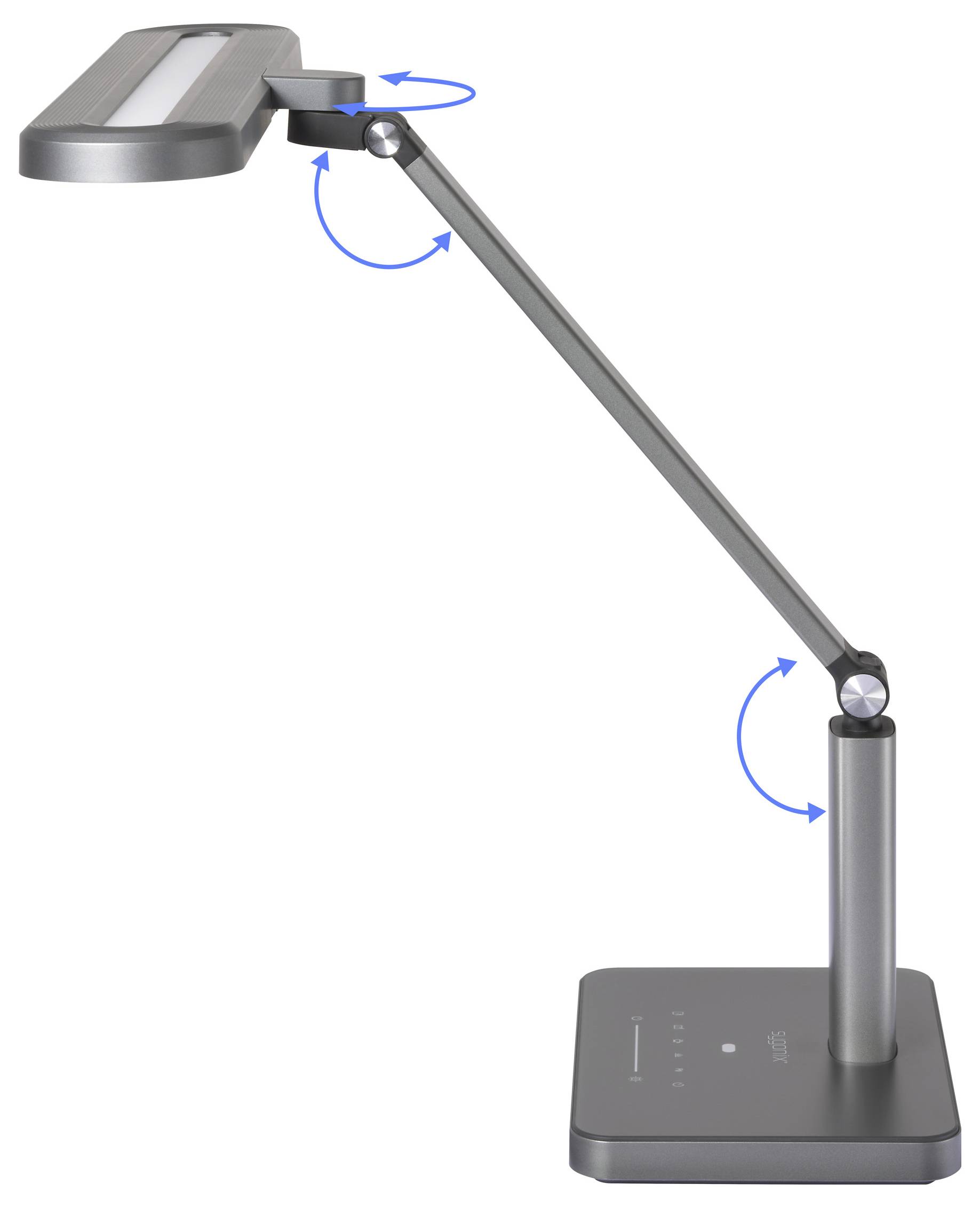 Verstellbare Schreibtischlampe mit mehreren Drehpunkten, in einer Seitenansicht dargestellt, die die Bewegungsrichtungen des Arms mit blauen Pfeilen veranschaulicht.