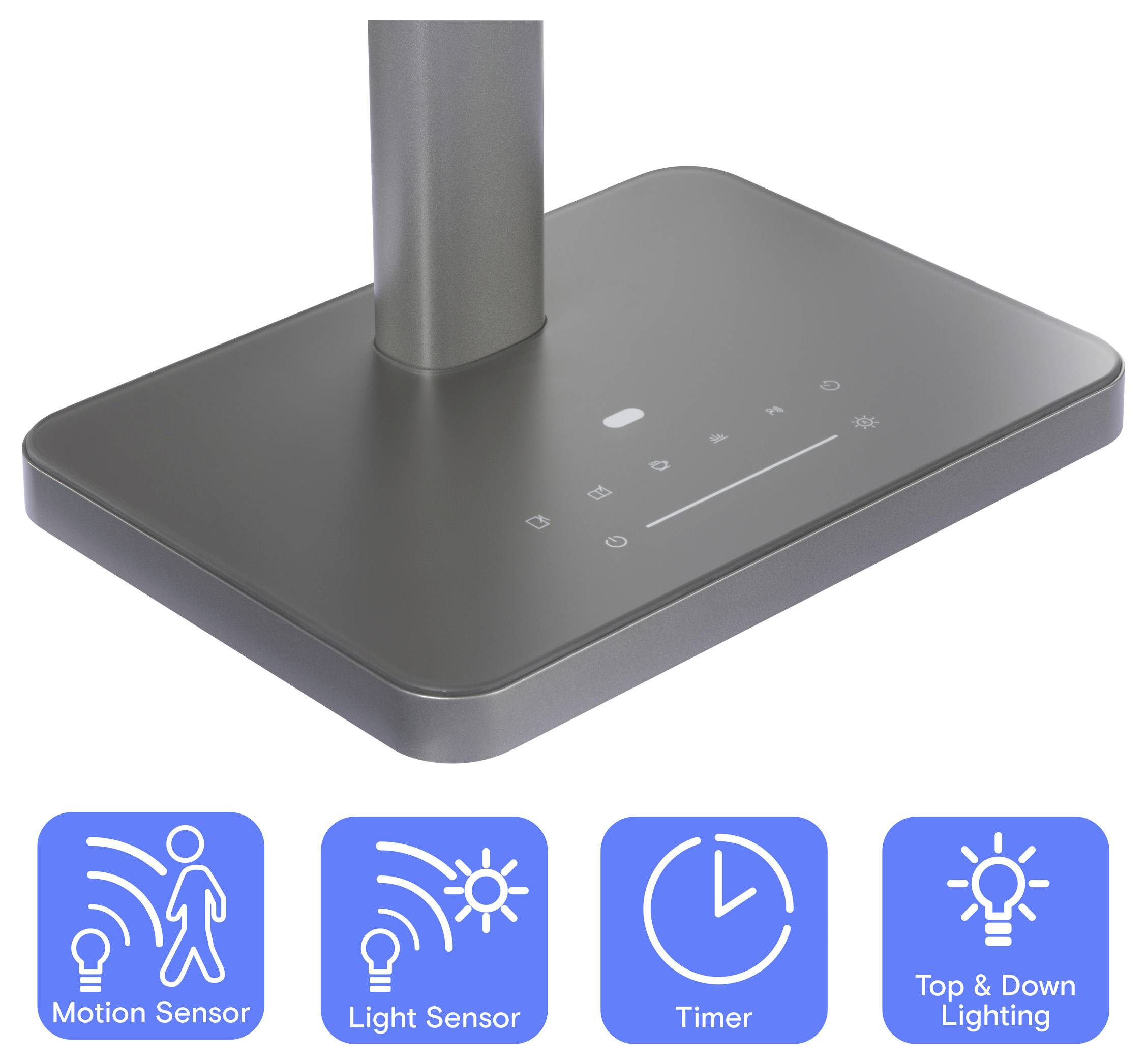 Eine Lampenhalterung mit Touchsteuerung für Bewegungssensor, Lichtsensor, Timer und Beleuchtung von oben & unten. Icons veranschaulichen jede Funktion.