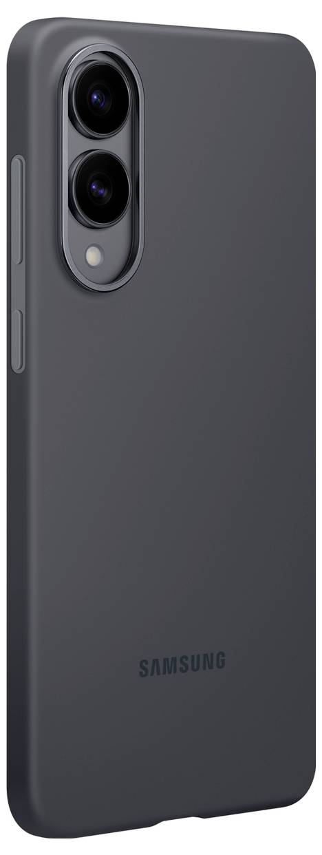 Eine schwarze Samsung-Handyhülle mit präzisen Kameraausschnitten, von hinten und leicht schräg betrachtet, die ein strömungslinienförmiges Design zeigt.