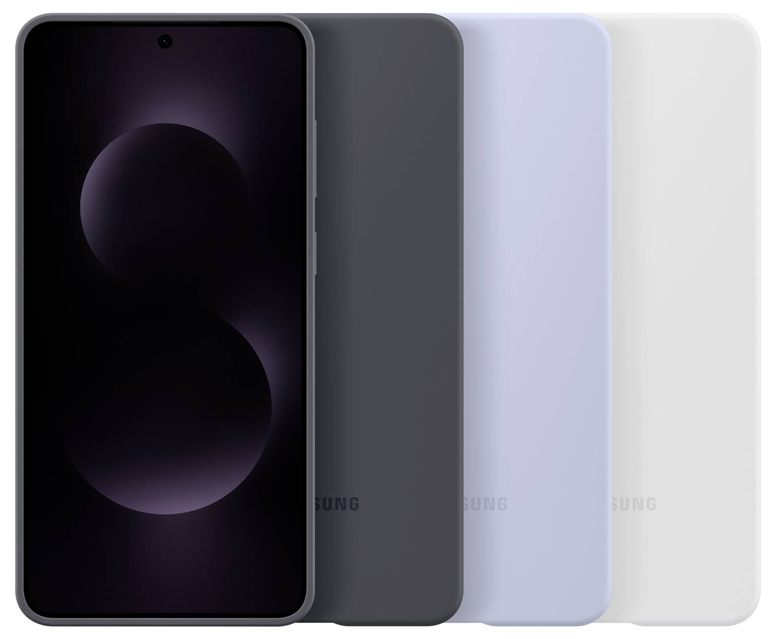 Samsung Galaxy S23 FE 128 GB in vier verschiedenen Farben gezeigt: Schwarz, Grau, Hellblau und Weiß, jeweils mit minimalistischem Design.