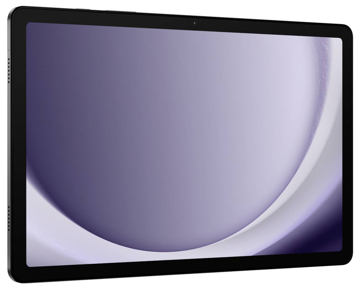 Ein schlankes, modernes Tablet mit dünnem schwarzem Rahmen, auf dem ein lila abstrakter Hintergrund zu sehen ist. Der Bildschirm ist ausgeschaltet und zeigt keine aktiven Anwendungen.