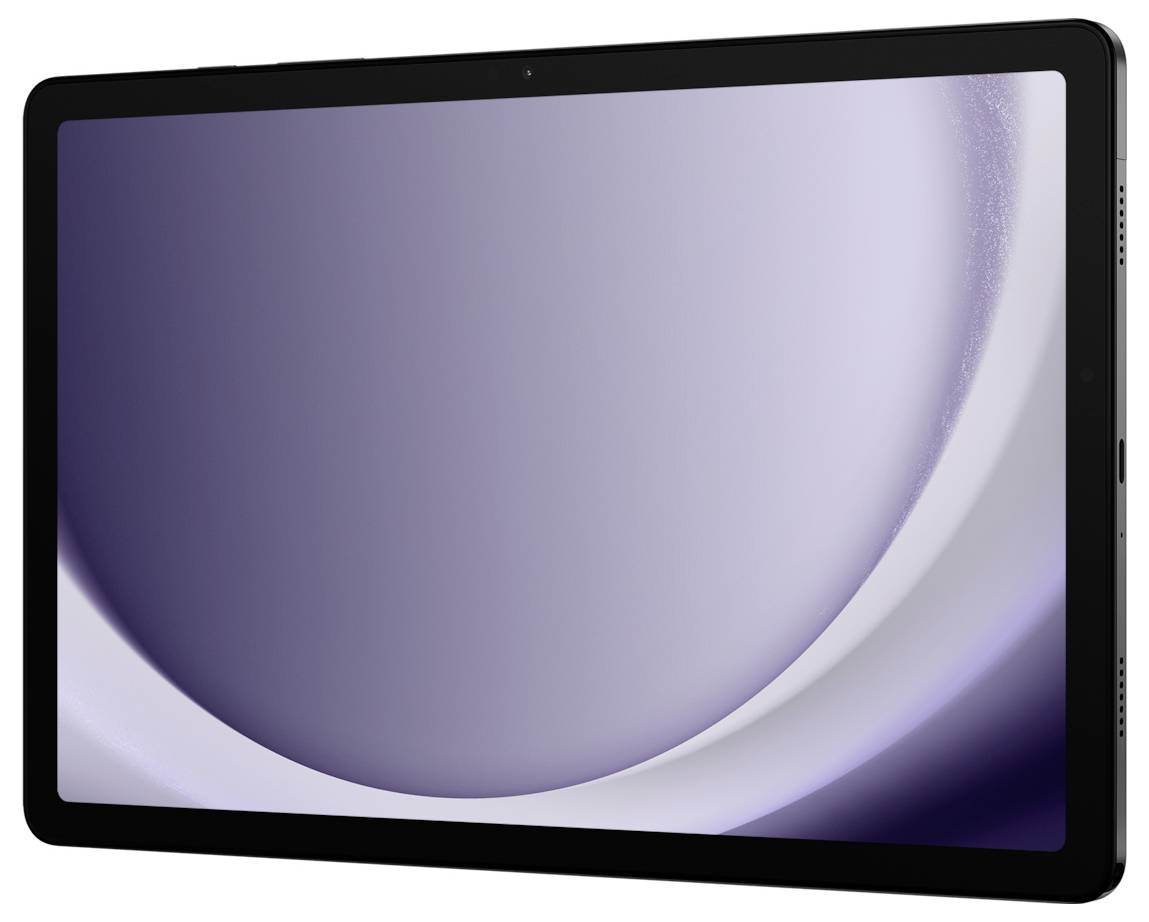 Eine schwarze Tablette mit einem Bildschirm, der einen sanften Verlauf von hellem Lila und Weiß zeigt, der einem minimalistischen abstrakten Kunstdesign ähnelt.