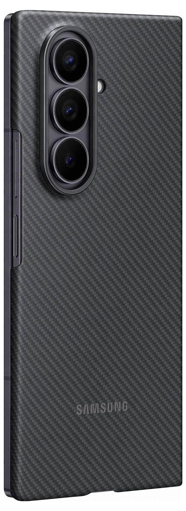 Samsung-Smartphone mit einer strukturierten schwarzen Hülle, mit drei vertikal ausgerichteten Kameraobjektiven auf der Rückseite.