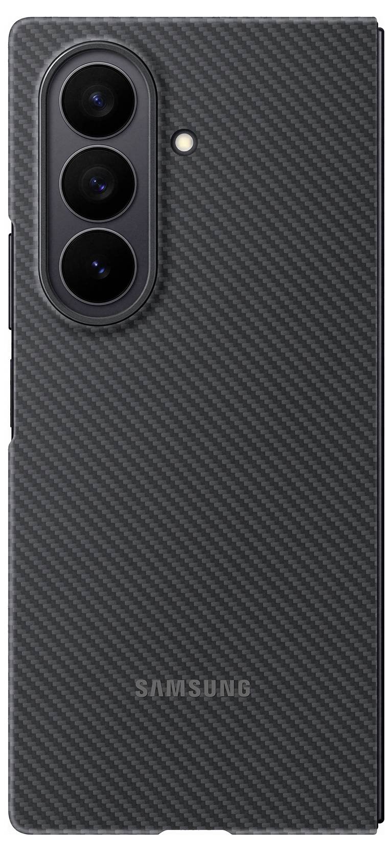Rückseite eines Samsung-Smartphones mit einer strukturierten schwarzen Hülle, die drei Kameraobjektive und einen LED-Blitz in vertikaler Anordnung aufweist.
