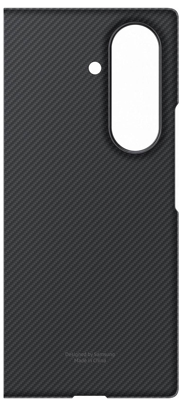 Schwarze strukturierte Handyhülle mit einer großen Aussparung für Kameraobjektive und einer kleineren Aussparung für einen Sensor oder Blitz.