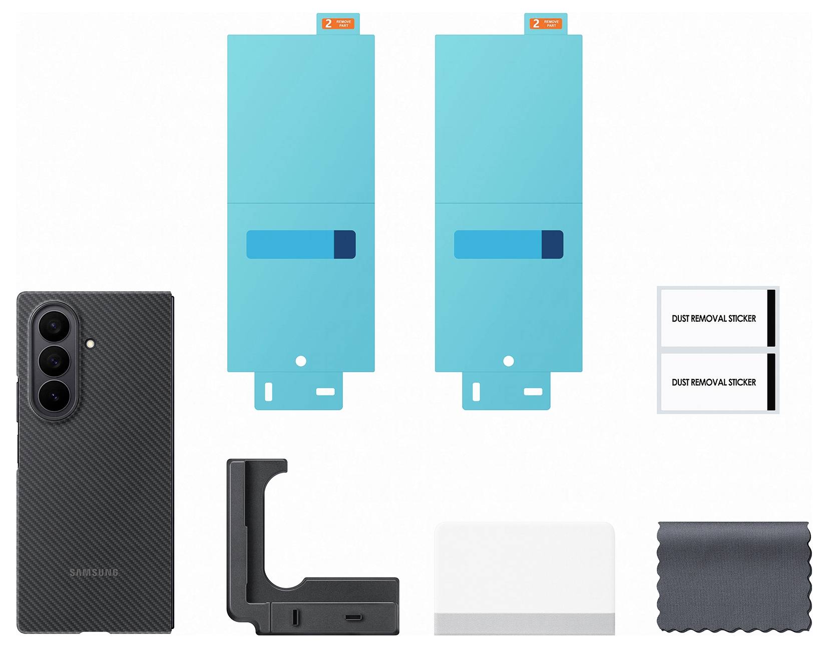 Displayschutzfolien und Zubehör-Set für Smartphones, bestehend aus zwei Klebefolien, Staubentfernungsstickern, Reinigungstuch und einer Schutzhüllenkomponente.