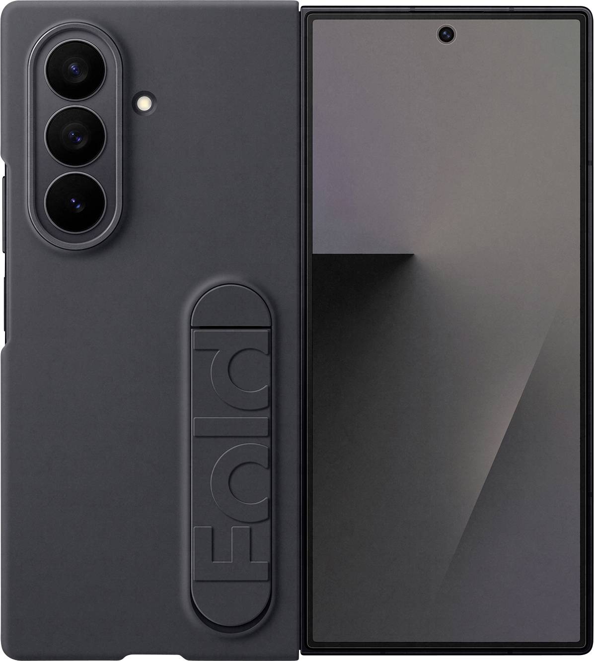 Ein schwarzes faltbares Smartphone, halb geöffnet, mit drei Rückkameras, LED-Blitz auf der Rückseite und dem Display, das einen Farbverlauf zeigt.
