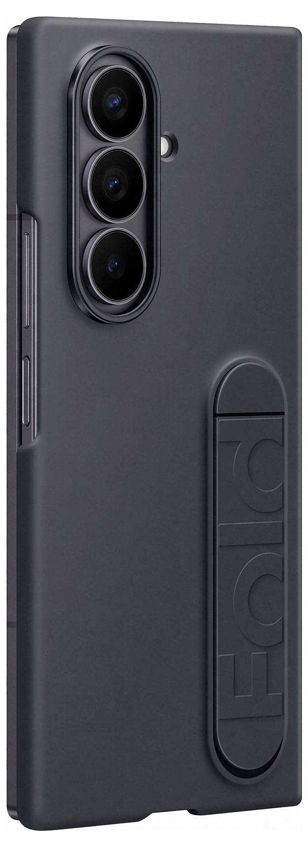 Ein schlankes, schwarzes Smartphone mit drei Rückkameras und geprägtem 'Fold'-Design auf der Rückseite.