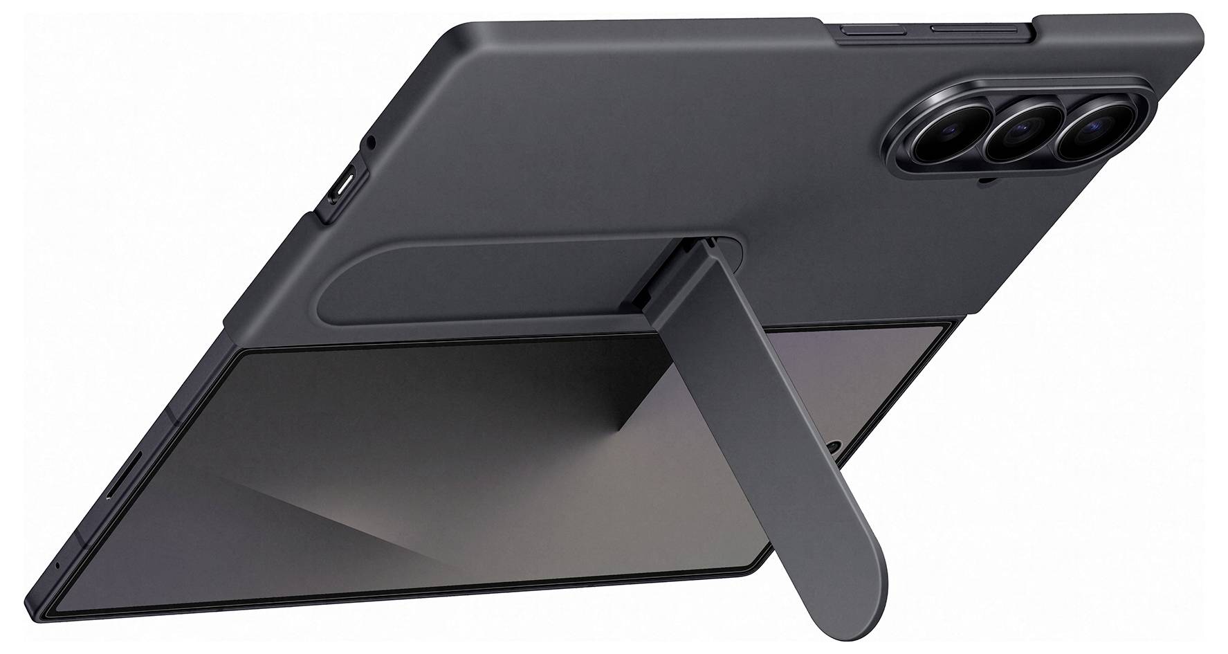 Ein Tablet mit einer Schutzhülle und integriertem Ständer ist in einem Winkel positioniert, wobei die Kameraanordnung und ein Teil des Bildschirms zu sehen sind.
